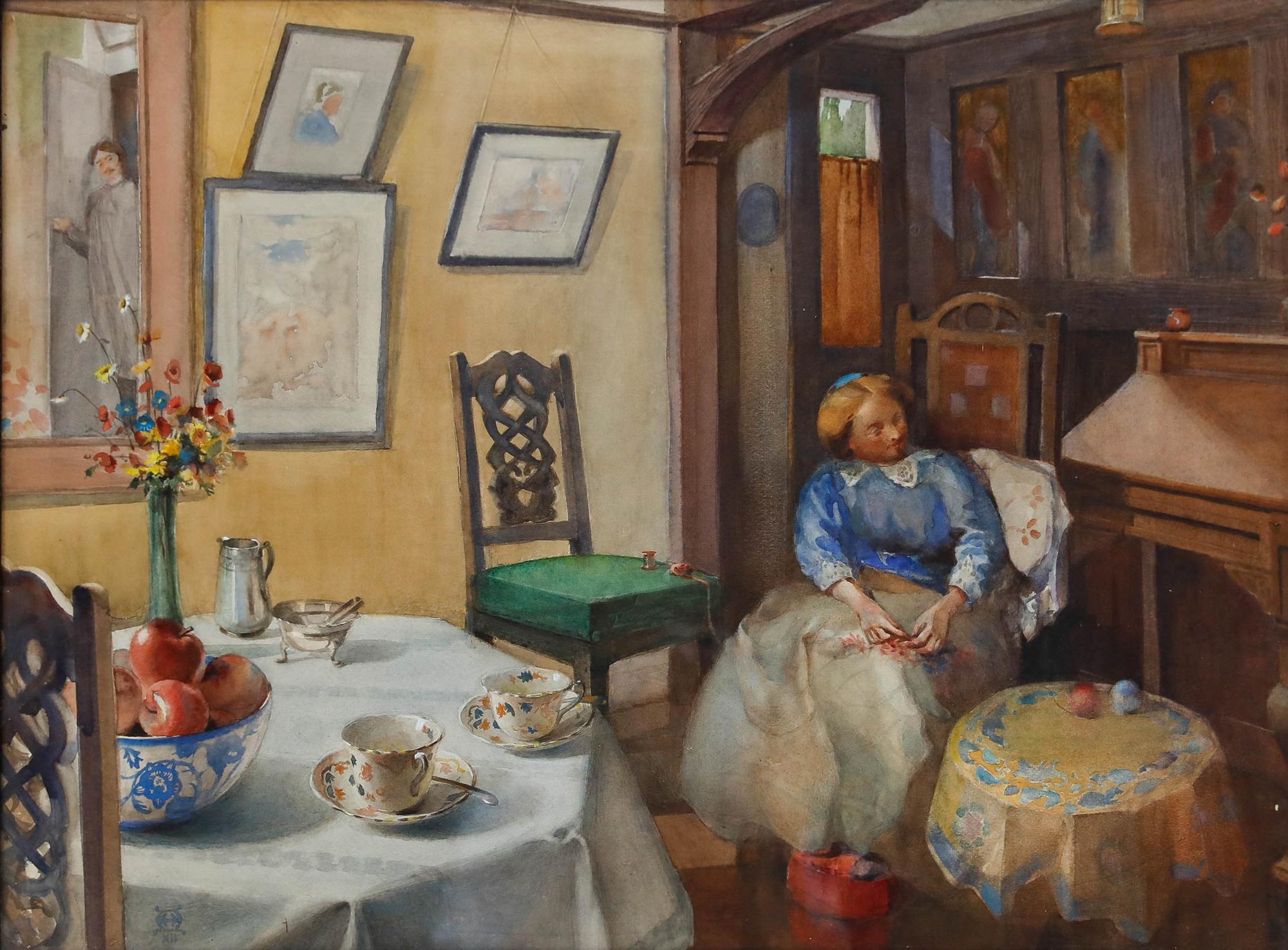 1912 Watercolour - Arts and Crafts Interior - Brown Interior Art by Unknown
