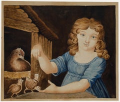 Early 19th Century Watercolour - Girl Feeding Chicks
