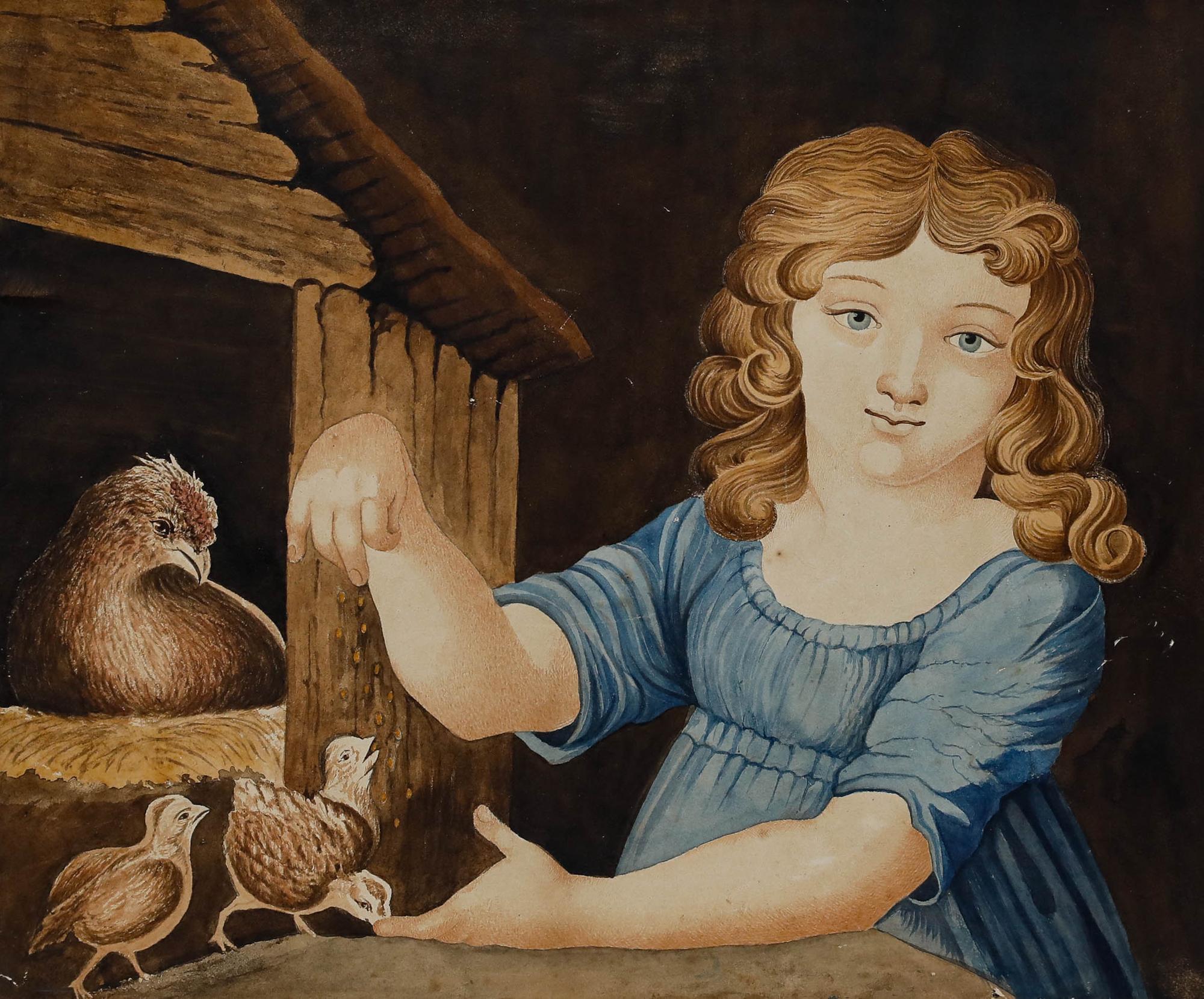 Early 19th Century Watercolour - Girl Feeding Chicks - Art by Unknown