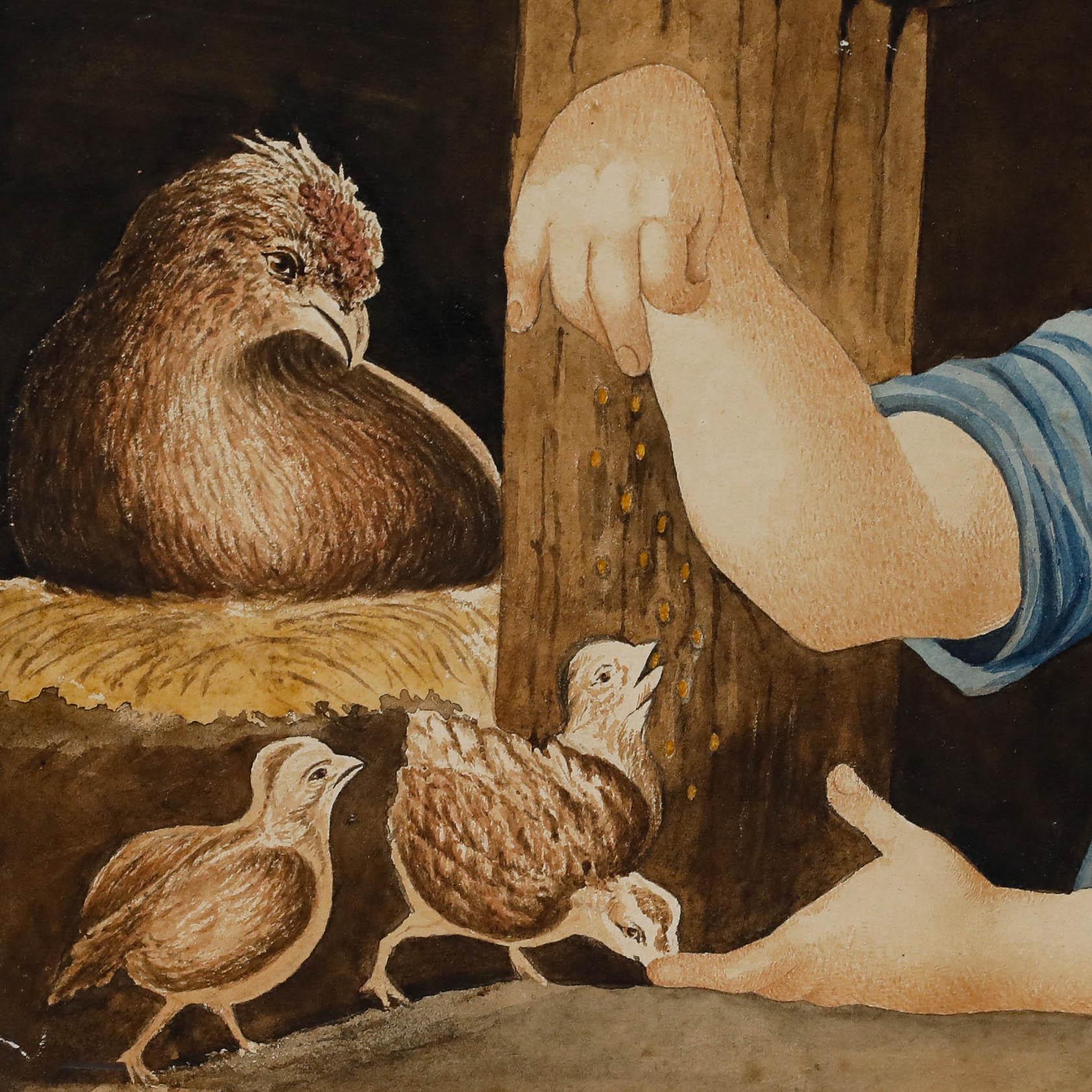 Early 19th Century Watercolour - Girl Feeding Chicks - Black Figurative Art by Unknown