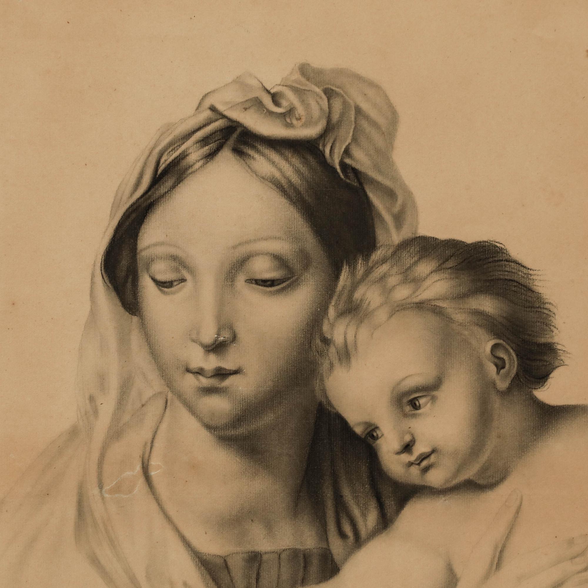 After Raphael (1483-1520) - 19th Century Graphite Drawing, Madonna of the Fish - Brown Figurative Art by Unknown