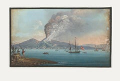 Framed 1822 Gouache - The Eruption of Mount Vesuvius I