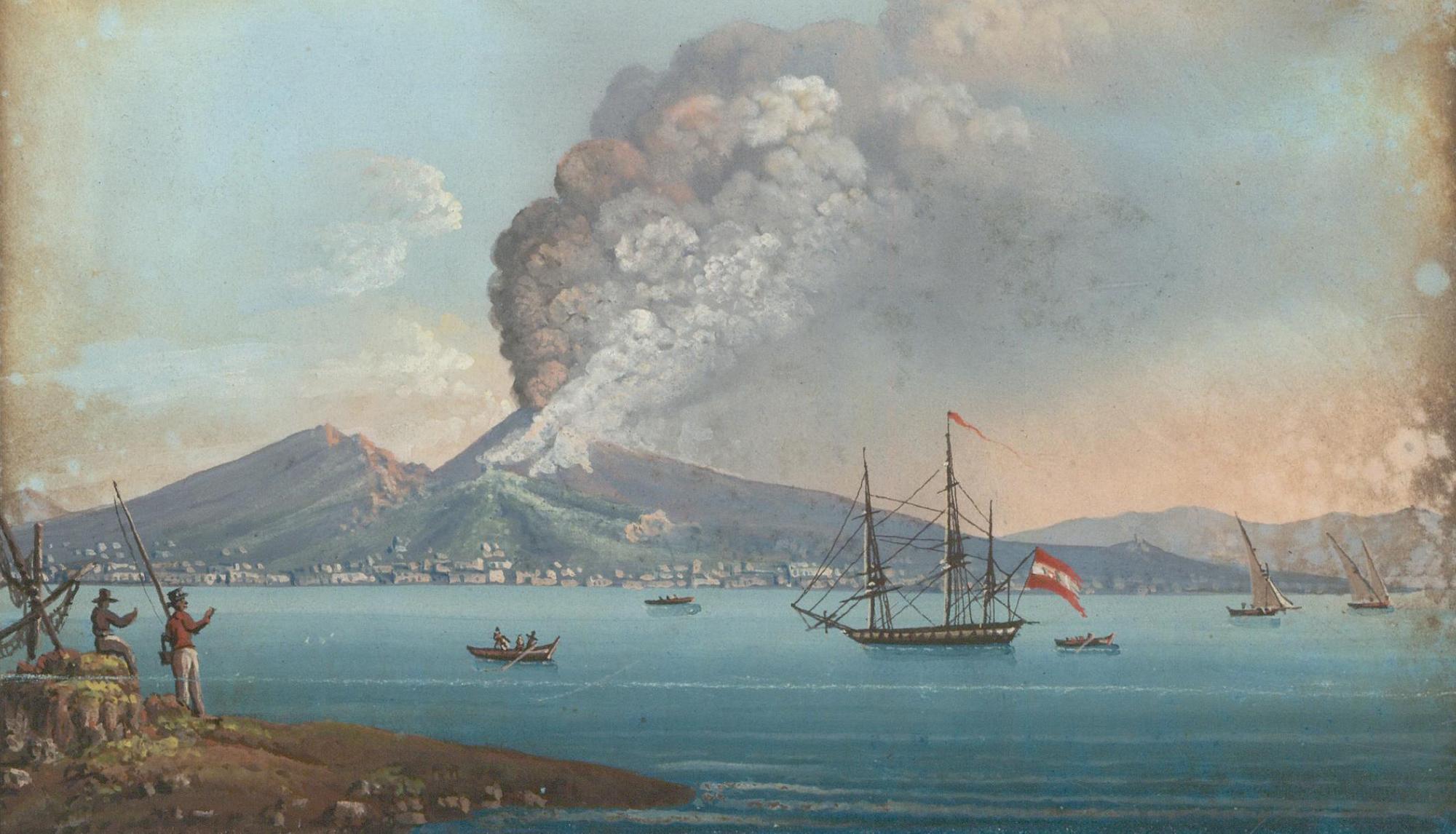 Gerahmte Gouache von 1822 - Der Ausbruch des Vesuvs I – Art von Unknown