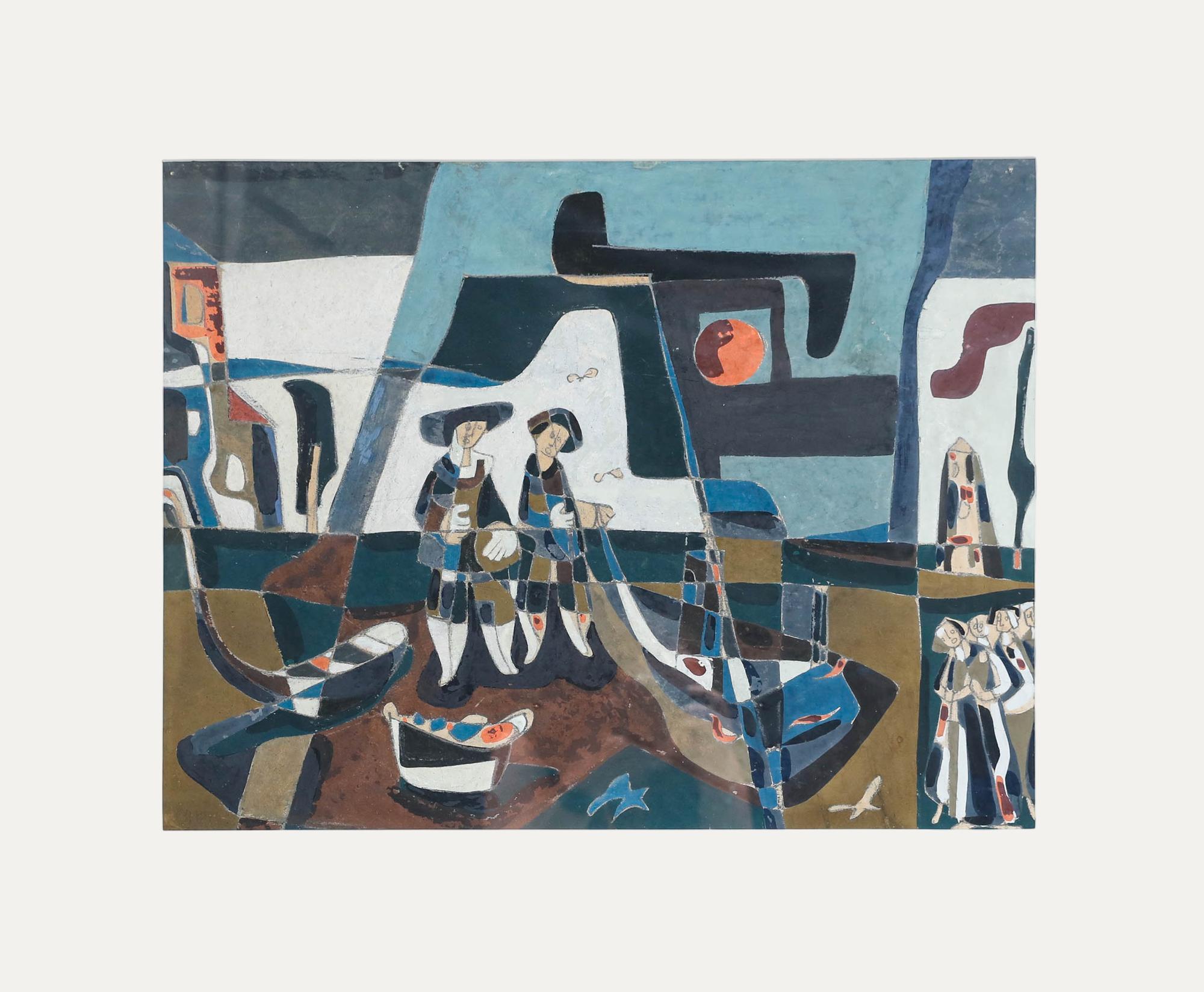 Unknown Figurative Art - 1957 Gouache - The Gondoliers