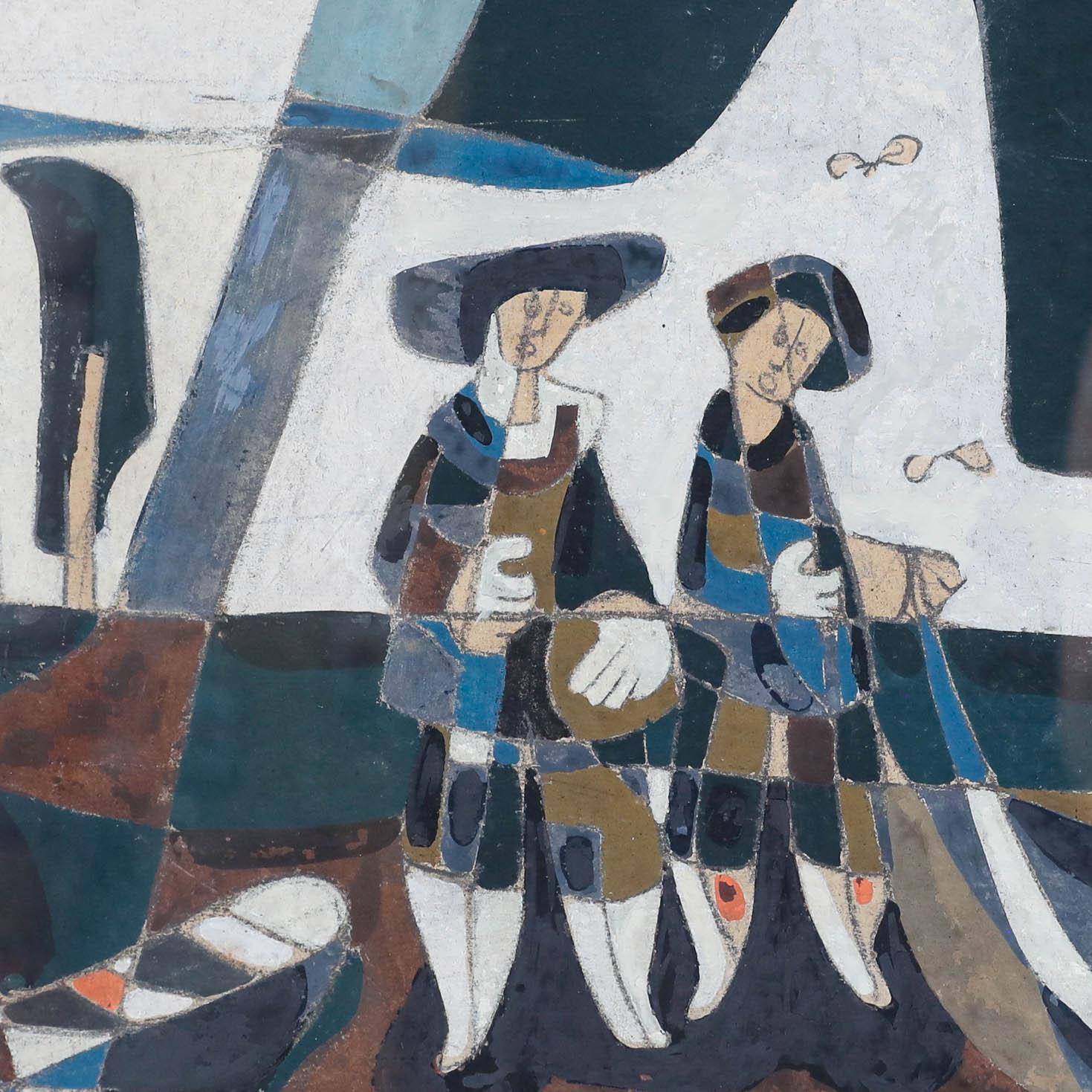 A dynamic mid-20th century artwork in graphite and gouache, depicting gondoliers and other figures abstracted by bold shapes. Reminiscent of Picasso's 'Guernica'. Signed illegibly to the lower left. Dated 1957. Well presented in a gilt frame. On
