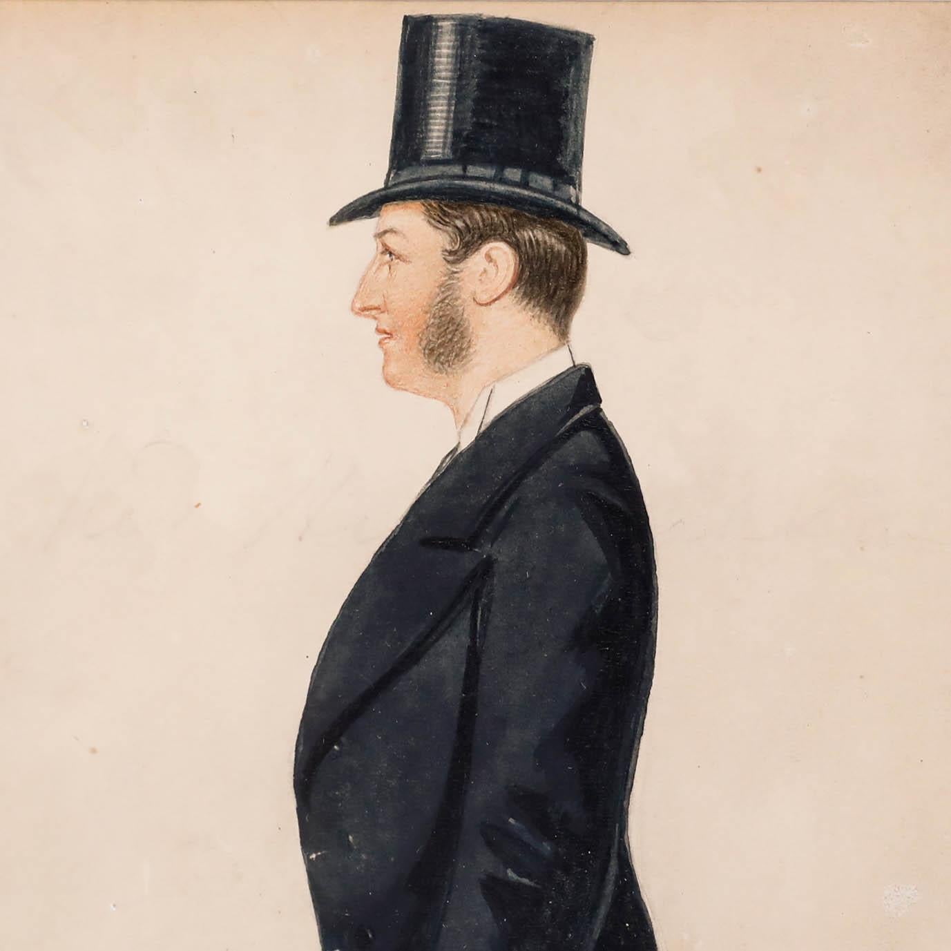A charming Vanity Fair style watercolour in the manner of Richard Dighton (1795-1880). The scene depicting a man in a top hat and cane standing in profile.

Presented in a gilt frame. On paper. 