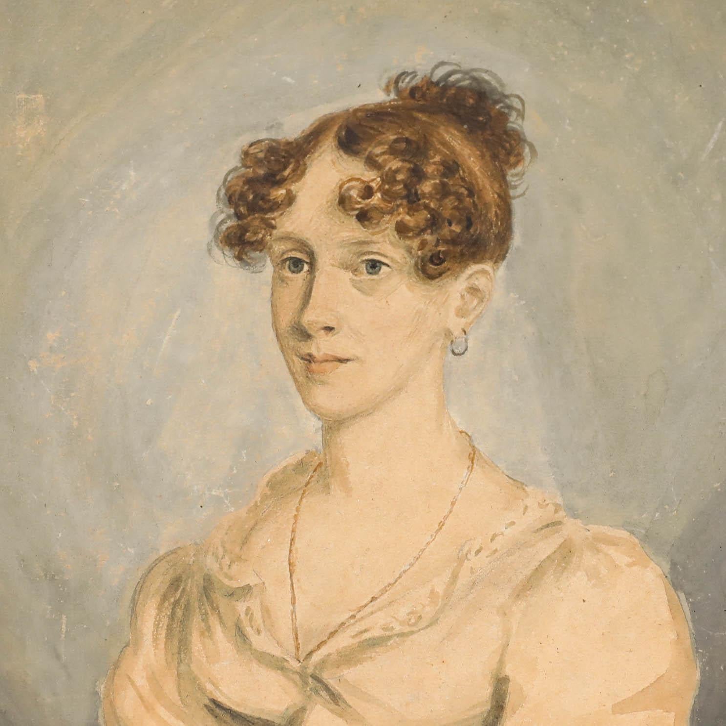 A charming depiction of a Regency woman dressed in white. The artist uses a delicate hand to capture the fine details of her features and clothing. Unsigned. Illegibly inscribed verso. Light wear to the gilt frame. On paper.