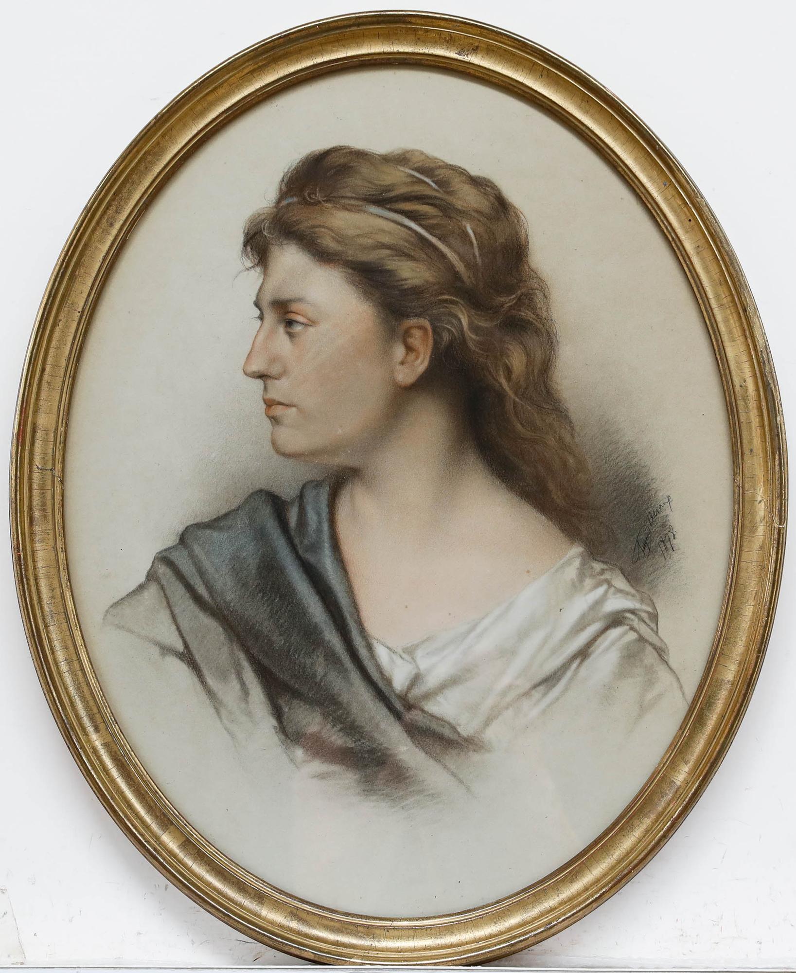 This classical portrait drawing depicts a young woman in profile, rendered with meticulous attention to naturalistic detail in pastel on toned paper. The subject is portrayed in draped classical garments with her hair elegantly arranged.

Illegibly