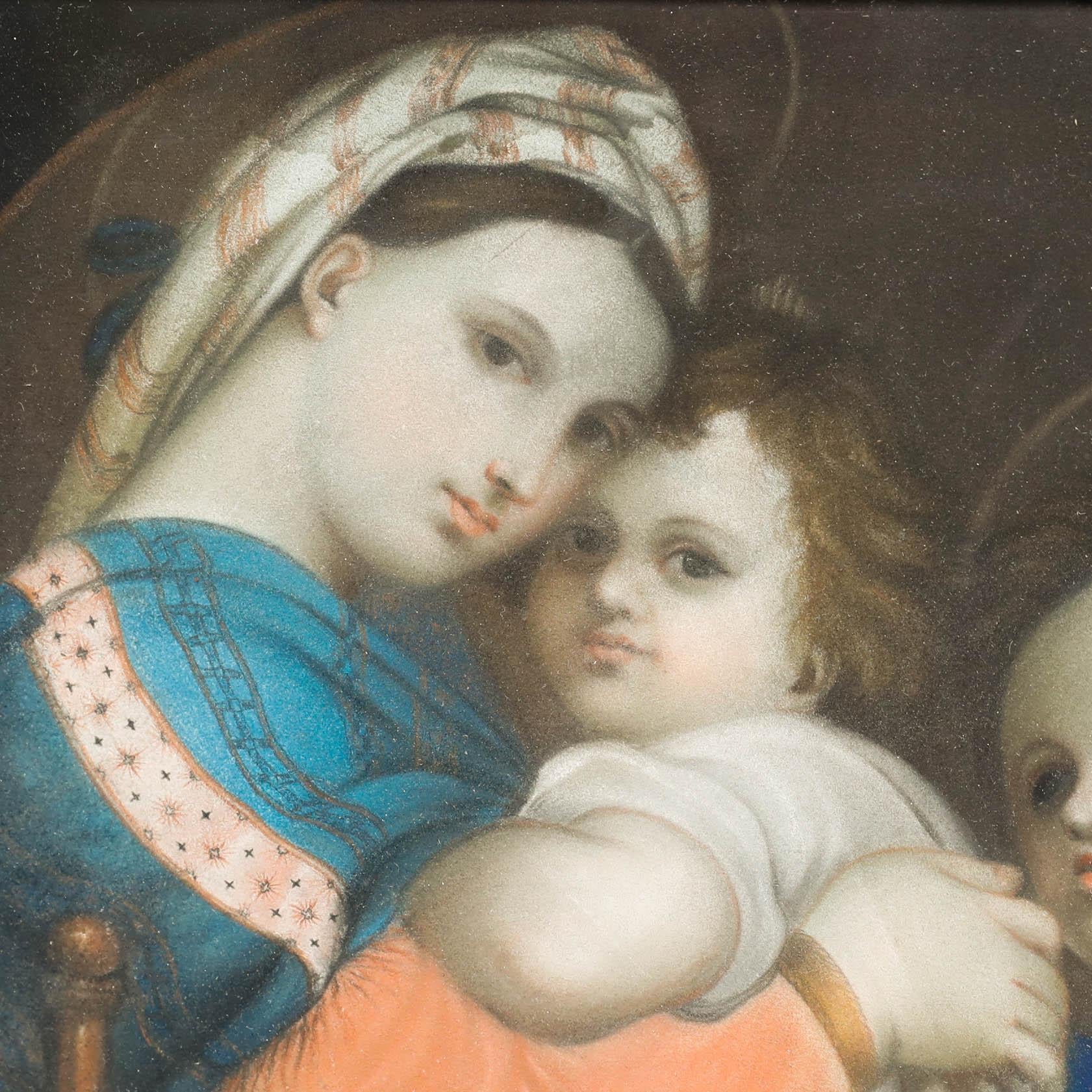 A delightful mid-20th century copy of Raphael's c.1514 'Madonna della Seggiola' in pastel. Raphael's choice to forgo his linear style and strict geometric form is still clear in this handsome rendering. Mary embraces the child Christ in a loving