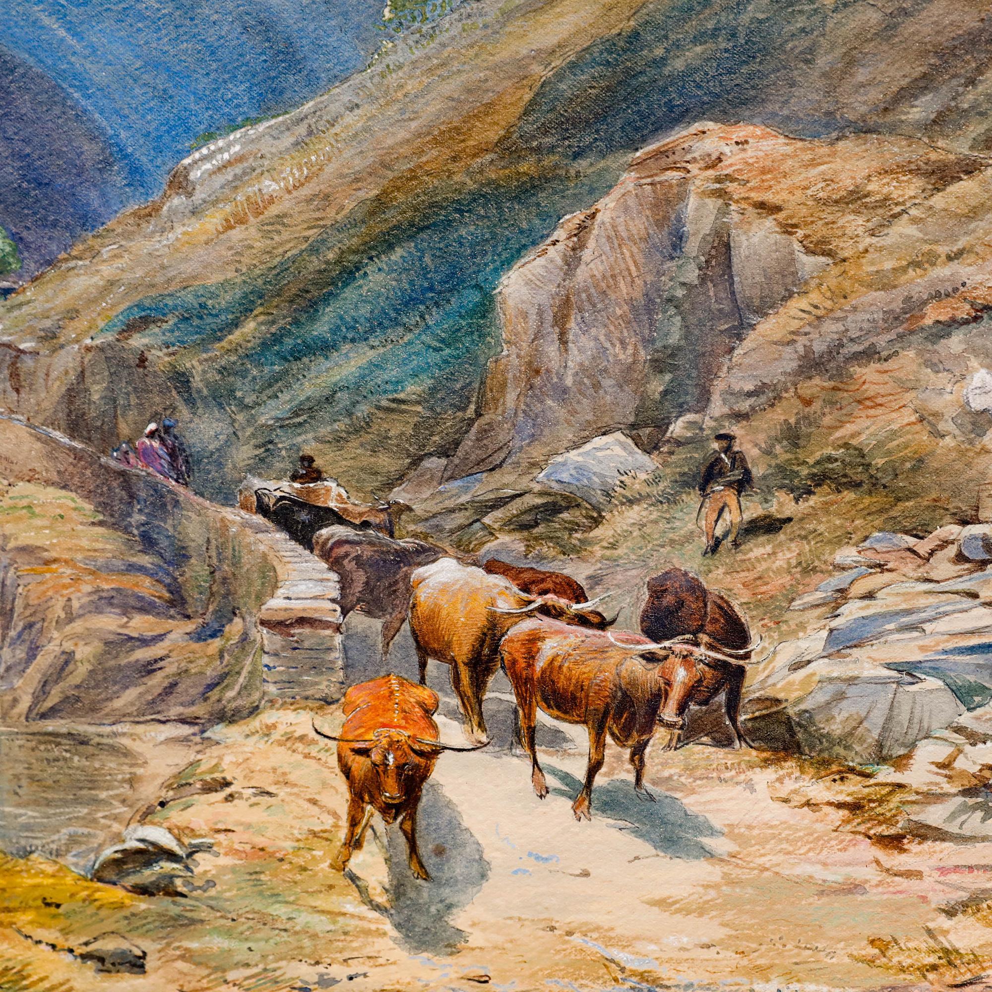 This evocative landscape painting captures the grandeur of a mountainous region, with rugged peaks receding into a misty distance and livestock on a rocky path, through to the dramatic scenery.

Signed just below the mount 'Islip'. On paper. 