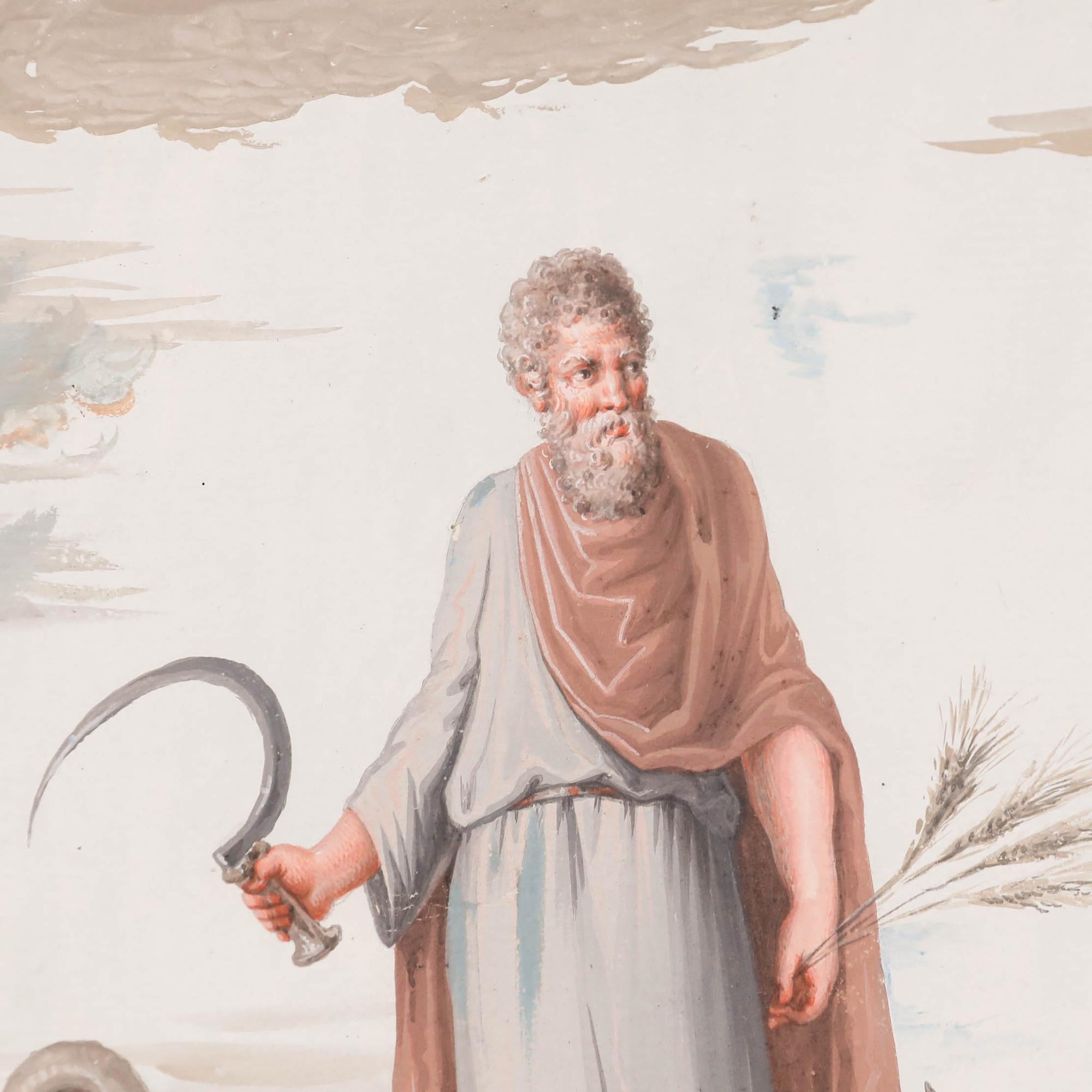 This oval-format painting depicts a classical allegorical scene featuring Sylvanus triumphantly atop a chariot drawn by serpentine creatures. The artist renders the composition in a refined neoclassical style with soft, atmospheric tones.

Unsigned.