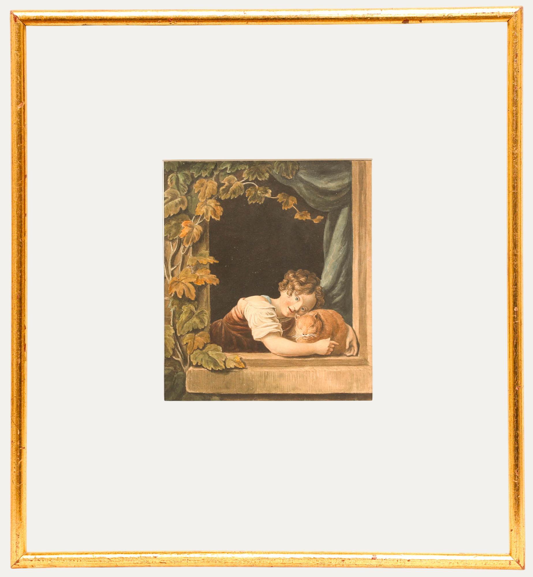 Unknown Portrait - Early 19th Century Watercolour - Little Girl with Orange Cat