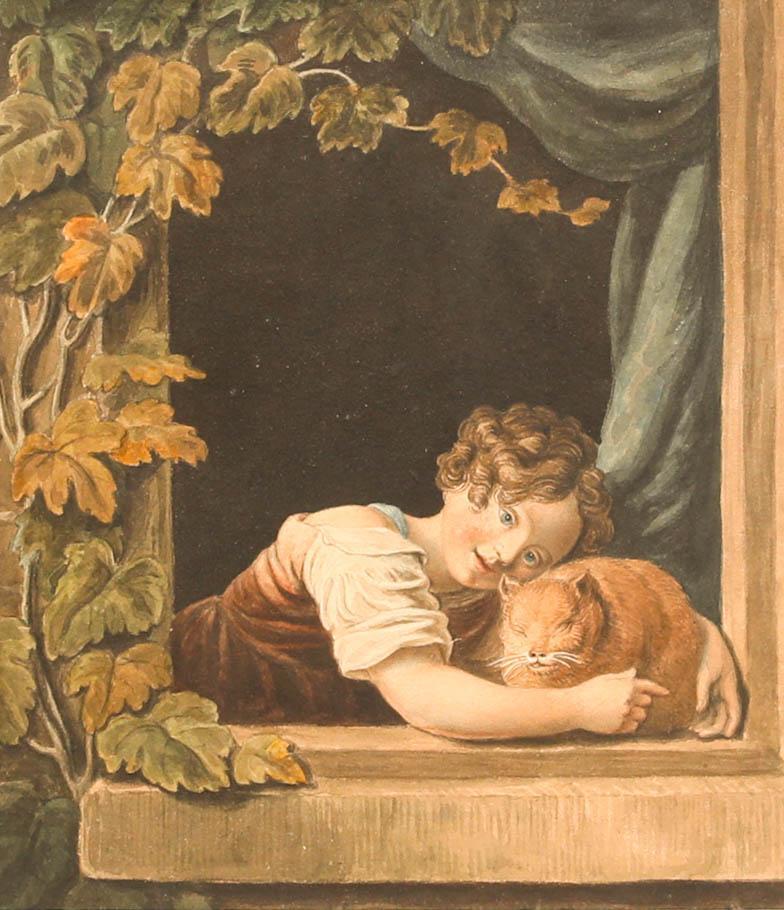 Early 19th Century Watercolour - Little Girl with Orange Cat - Art by Unknown