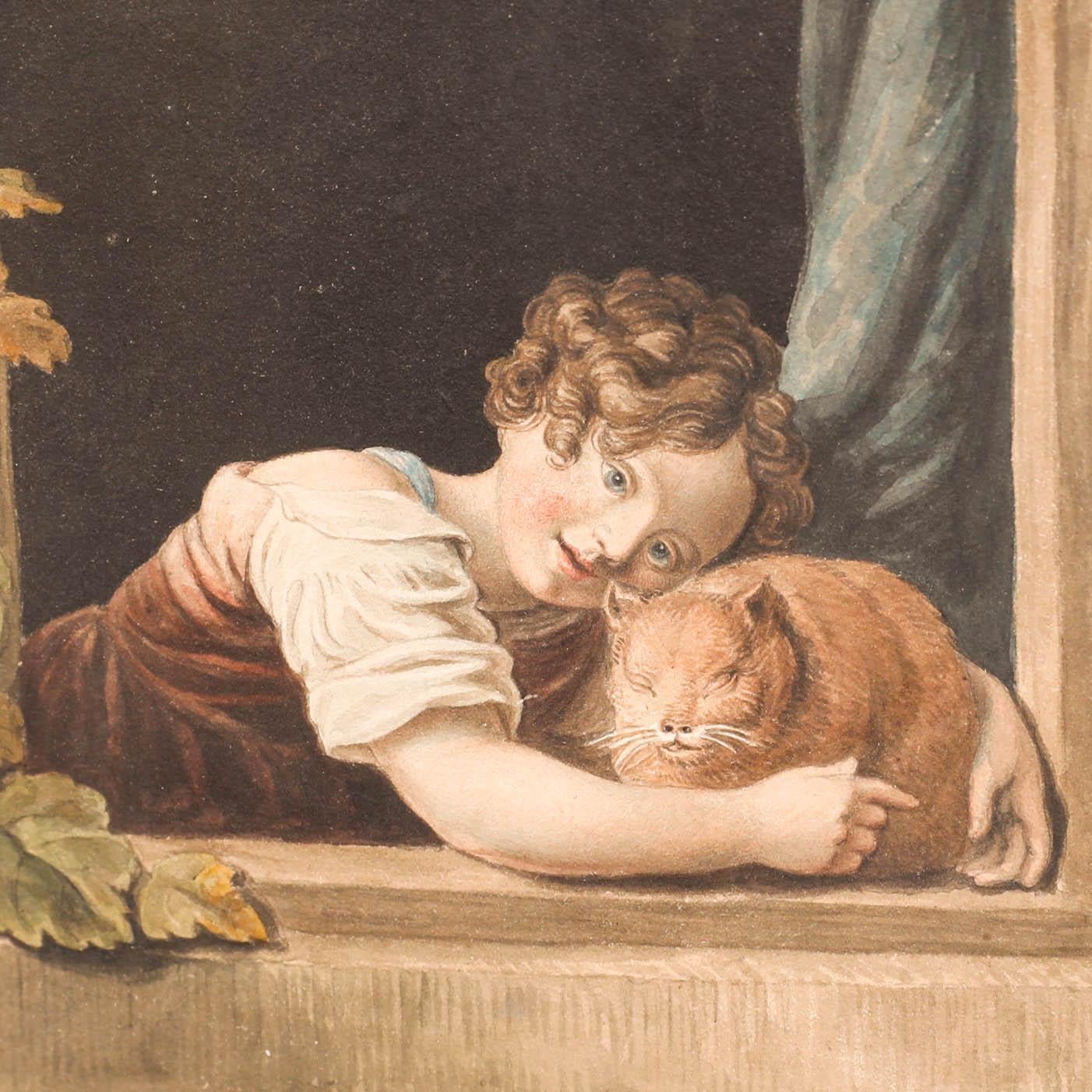 A truly charming early 19th-century watercolour study depicting a young girl reaching tenderly toward her sleeping cat, curled peacefully on a sunlit windowsill. Framed by traditional oak foliage, the scene carries a fairy tale quality and an