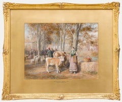 Trevor Haddon (1864-1941) - Aquarelle du début du 20e siècle, Jour de marché, Gérone