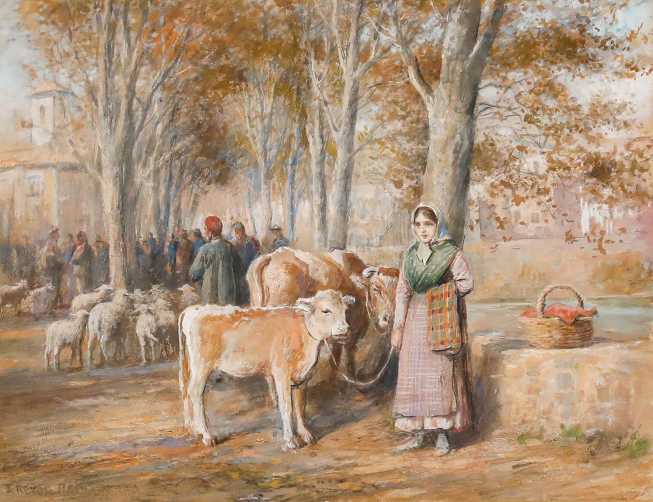 Trevor Haddon (1864-1941) - Aquarelle du début du 20e siècle, Jour de marché, Gérone - Art de Unknown