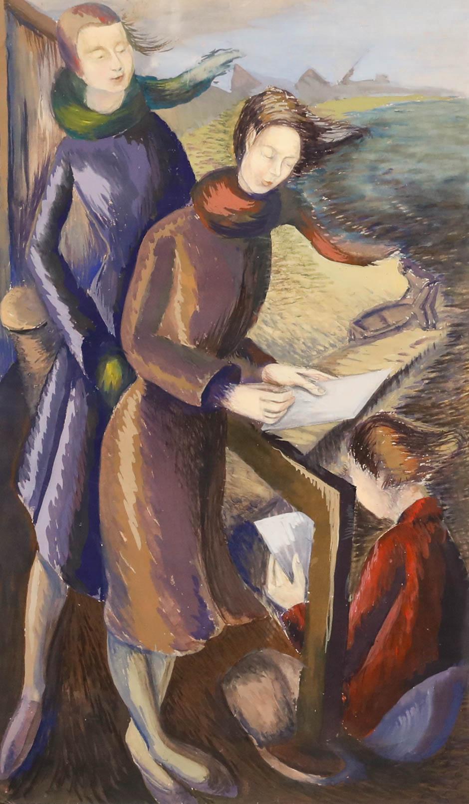 Iris Hardcastle (ca. 1919-2013) - Mitte des 20. Jahrhunderts Gouache, Windgepeitschte Figuren – Art von Unknown