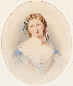 Henry E. Hobson (1820-1881) - 1866 Watercolour, Portrait of a Young Lady in Blue