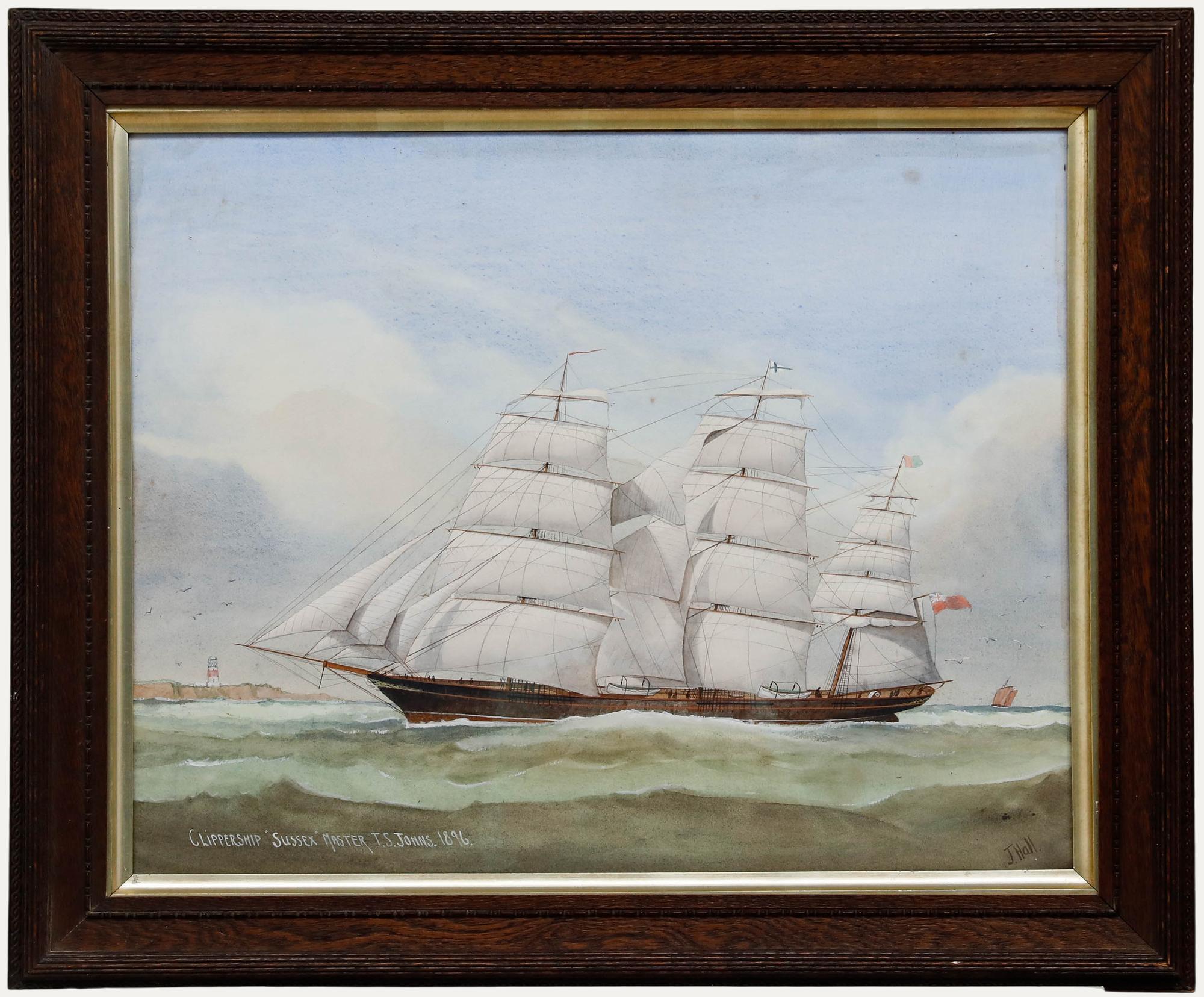 Jay Hall Figurative Art - J. Hall - Framed Late 19th Century Watercolour, Clippership Sussex