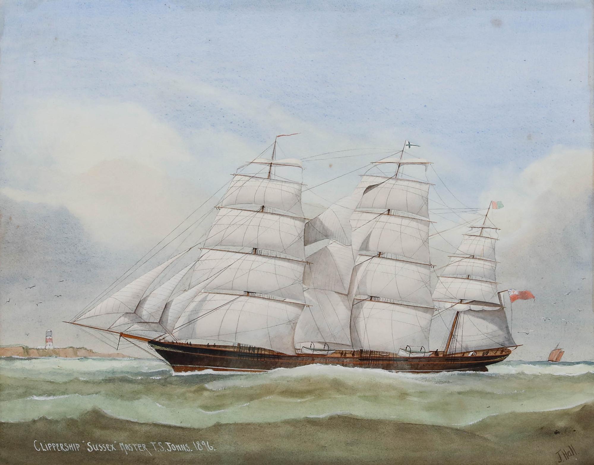 J. Hall - Framed Late 19th Century Watercolour, Clippership Sussex - Art by Jay Hall