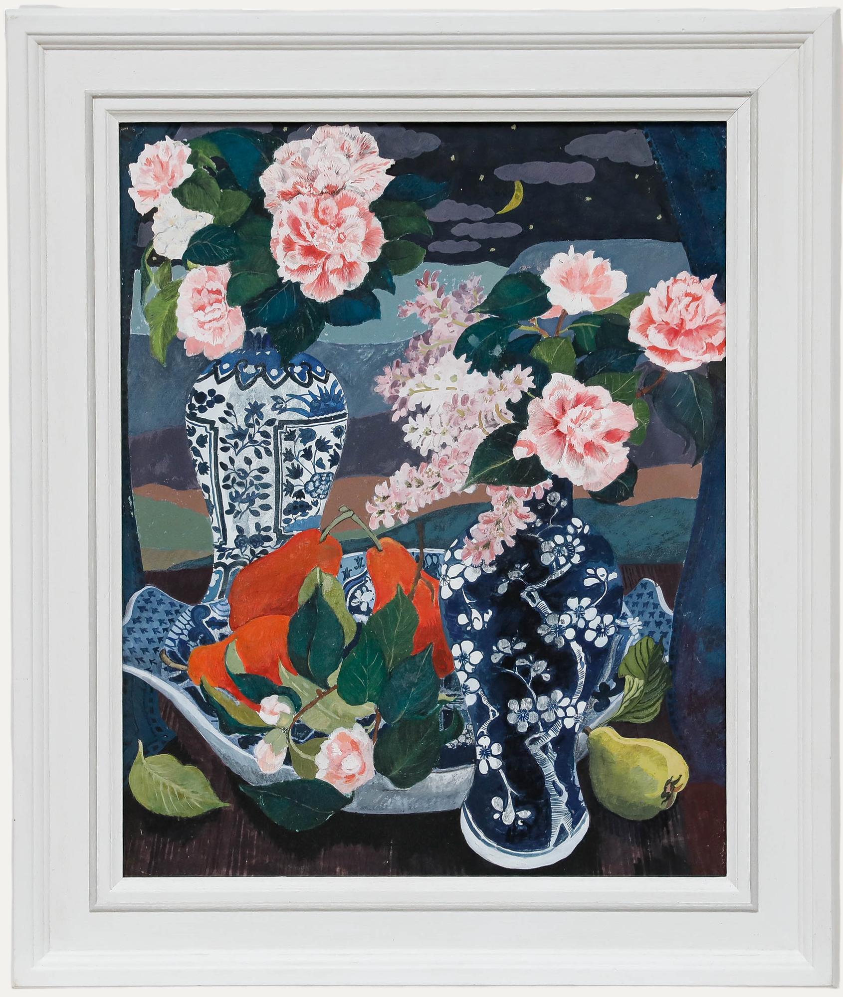 A charming still life composition depicting pink carnations in blue and white china vases and a bowl of pears. The arrangement is displayed under a dark night sky and a sweeping landscape with a crescent moon twinkling in the distance. Signed,