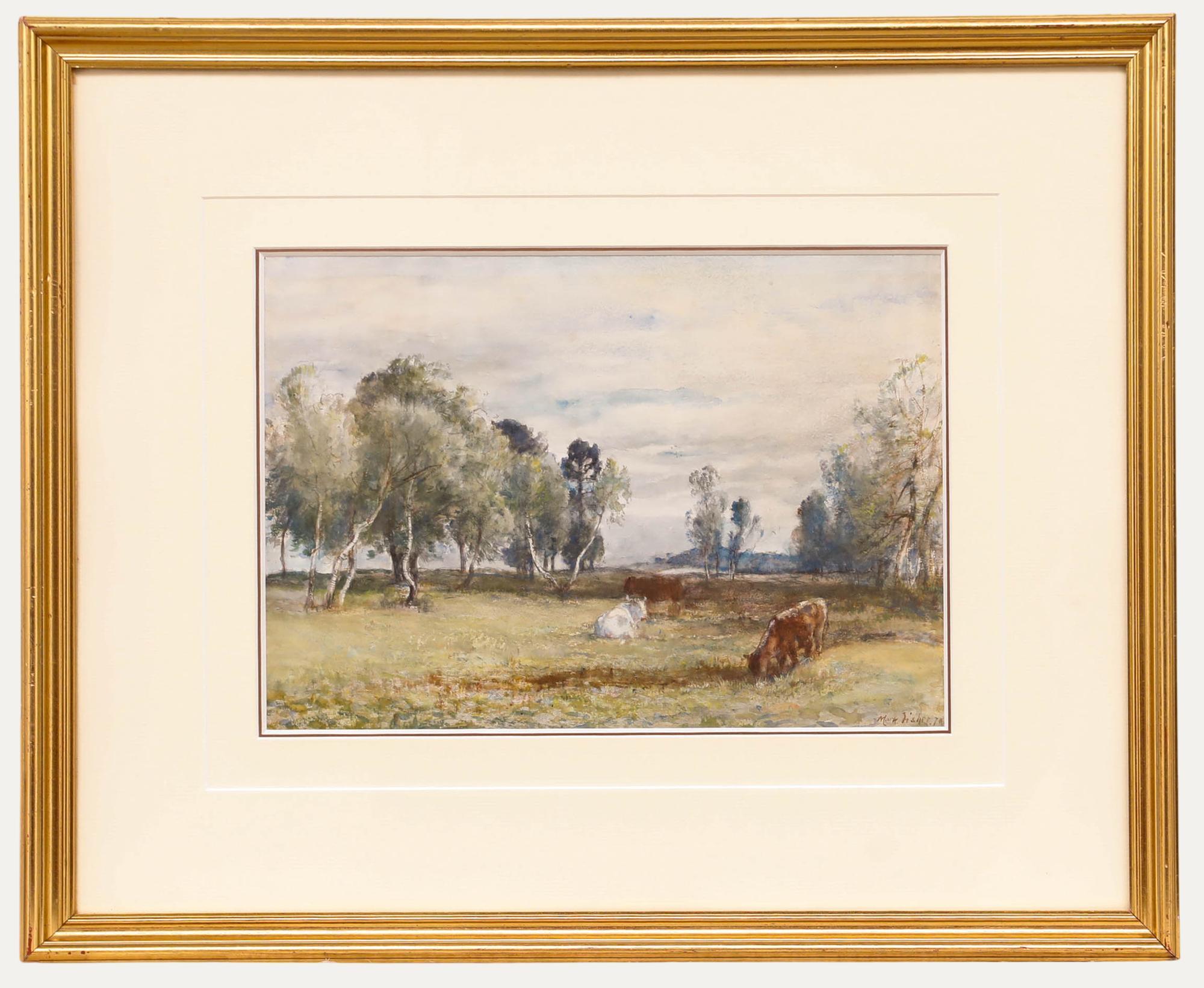 Fisher's gentle brushwork provides a hazy quality to this peaceful pastoral watercolour. Signed and dated to the lower right. Presented in a gilt-effect frame with cream mount. On watercolour paper.