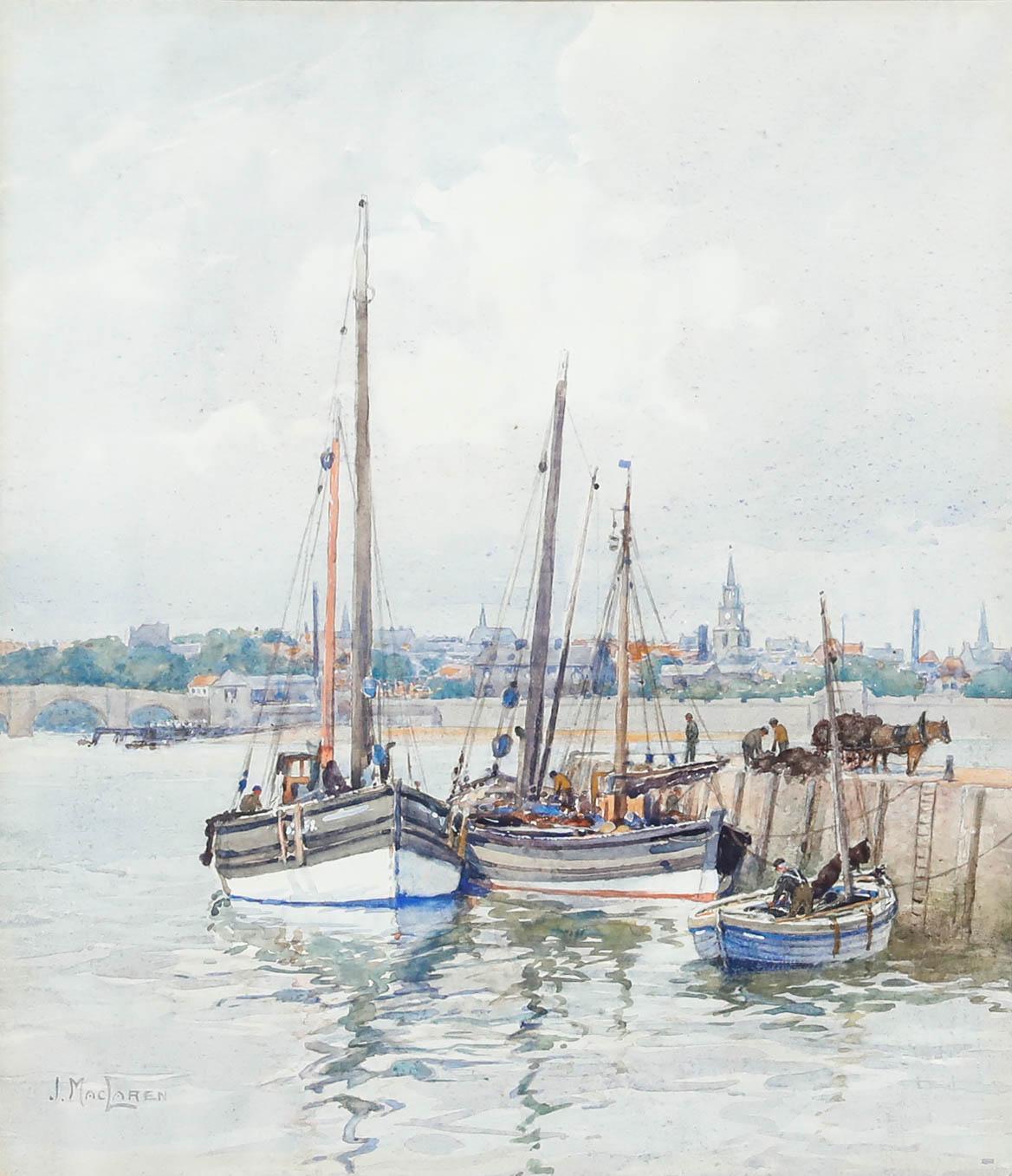 James MacLaren (fl. 1881-1917) - Aquarell, Boote an einem schottischen Fluss – Art von Unknown