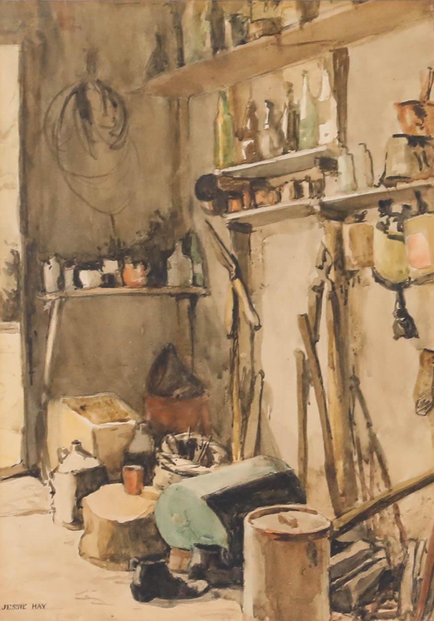 Jessie Hay - Framed Mid 20th Century Watercolour, Shed Interior II - Art by Unknown