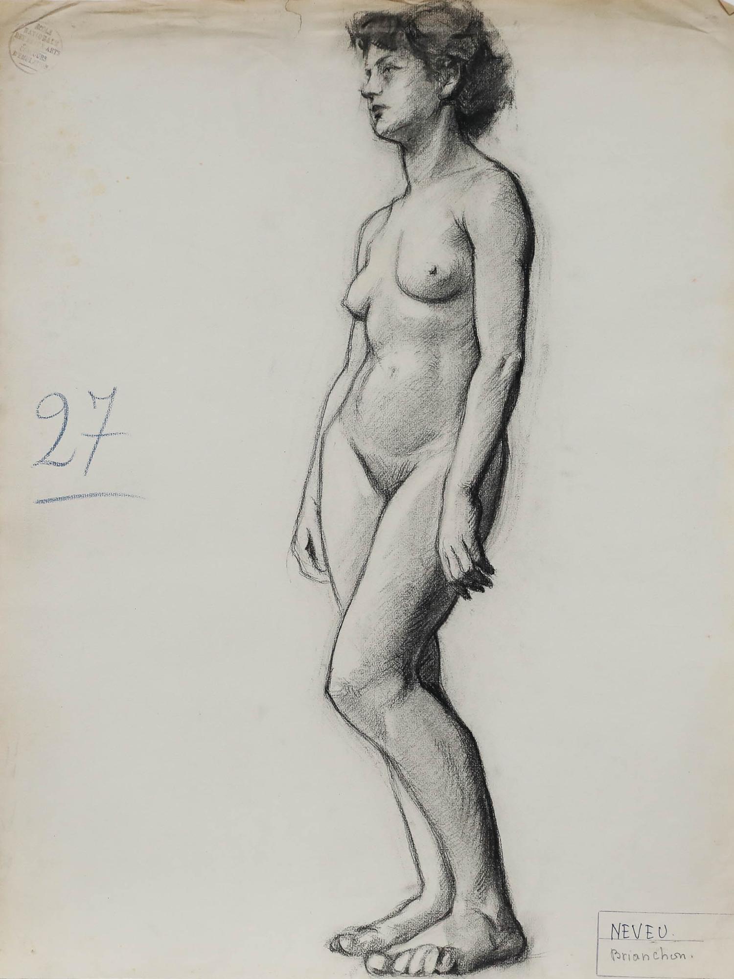 Pierre Neveu (geb. 1929) - Mitte 20. Jahrhundert Kohlezeichnung, Studie einer Dame II im Angebot 1