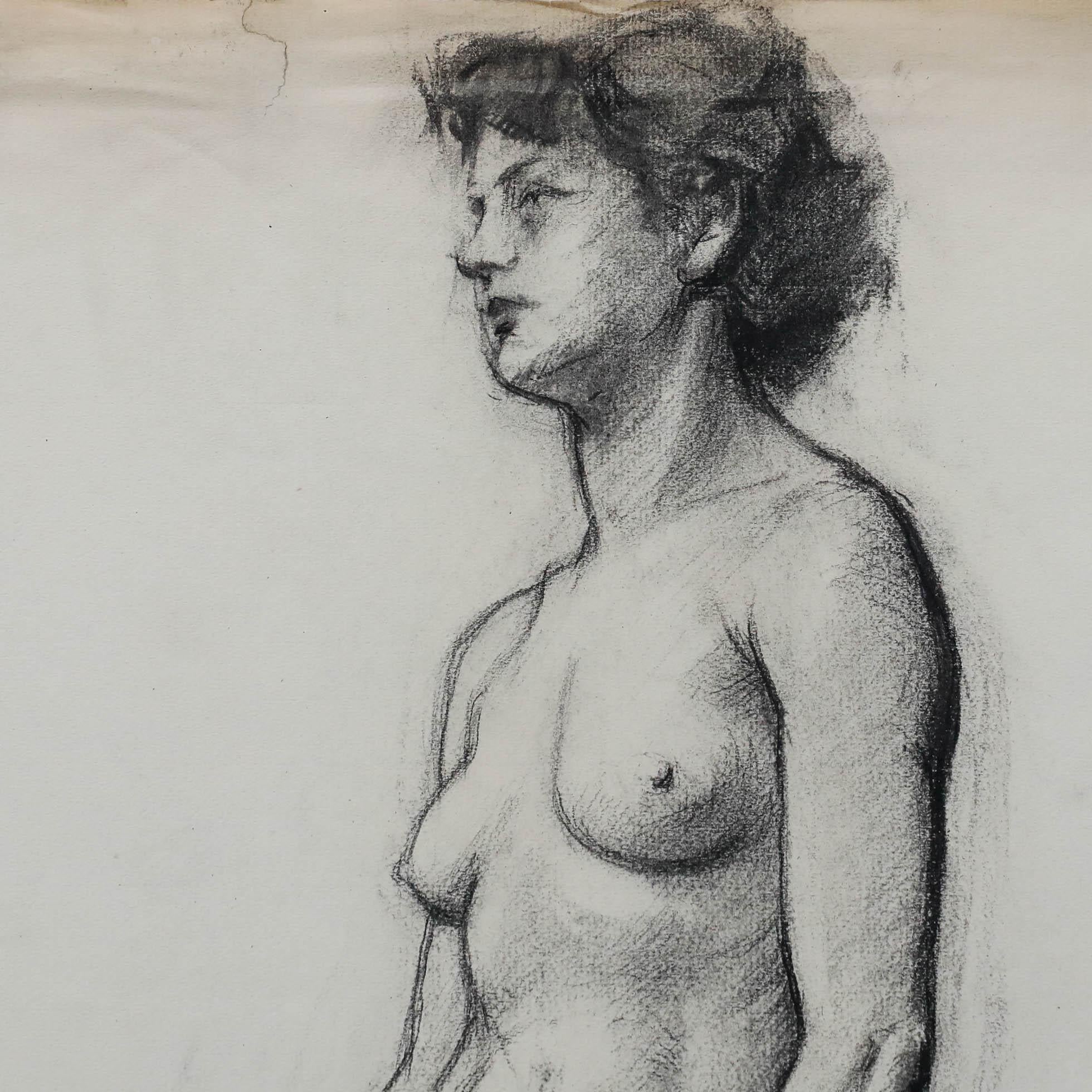 Pierre Neveu (geb. 1929) - Mitte 20. Jahrhundert Kohlezeichnung, Studie einer Dame II im Angebot 2