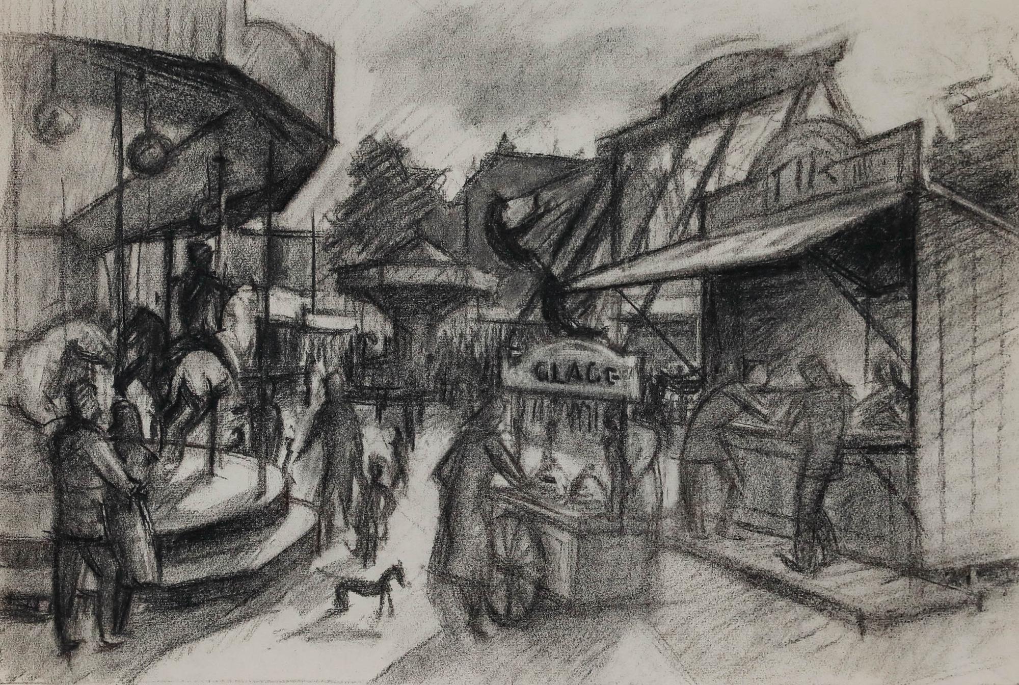 Pierre Neveu (b.1929) - 1959 Charcoal Drawing, Funfair II For Sale 1