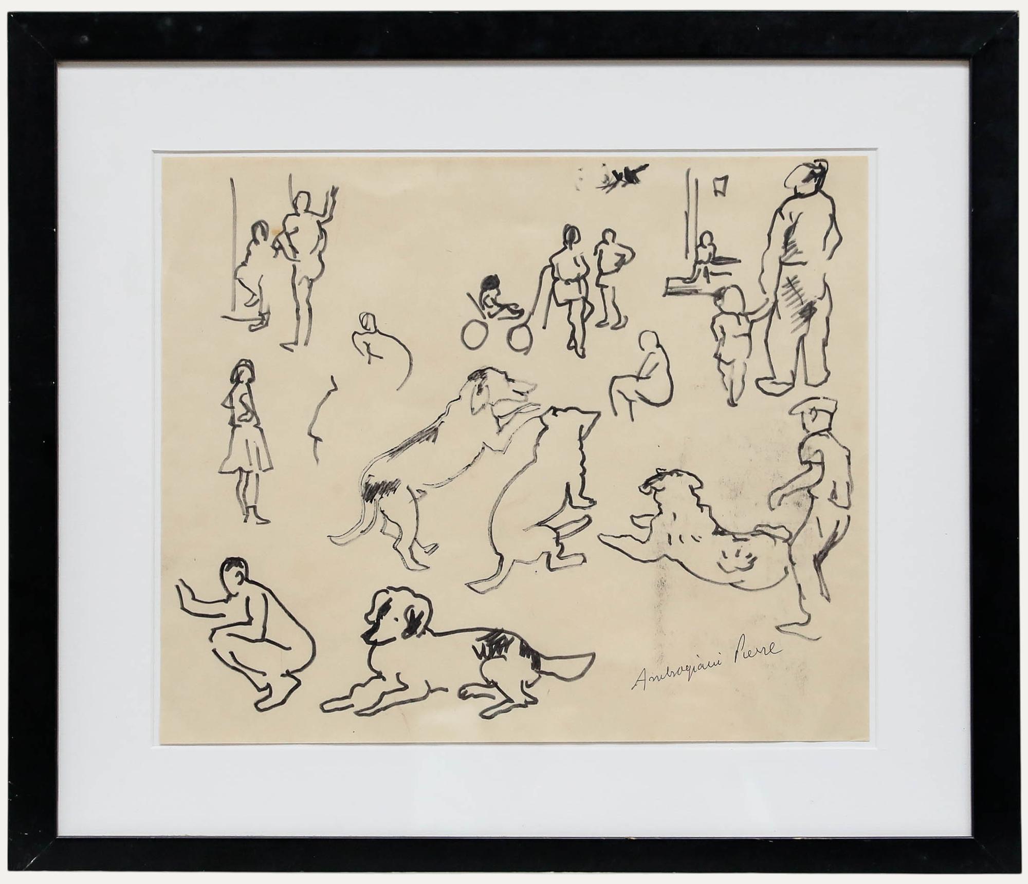 Pierre Ambrogiani (1907-1985), pen on paper. Study of Dogs & Figures. Signed lower right. Mounted in a contemporary black frame. 