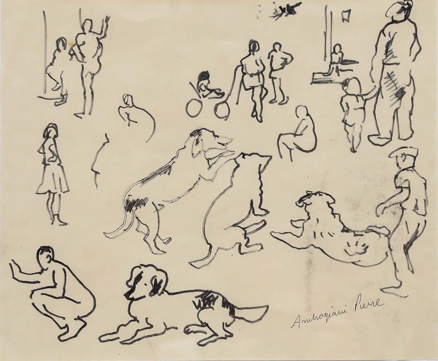 Pierre Ambrogiani (1907-1985) - Pen and Ink Drawing, Study of Dogs & Figures For Sale 1