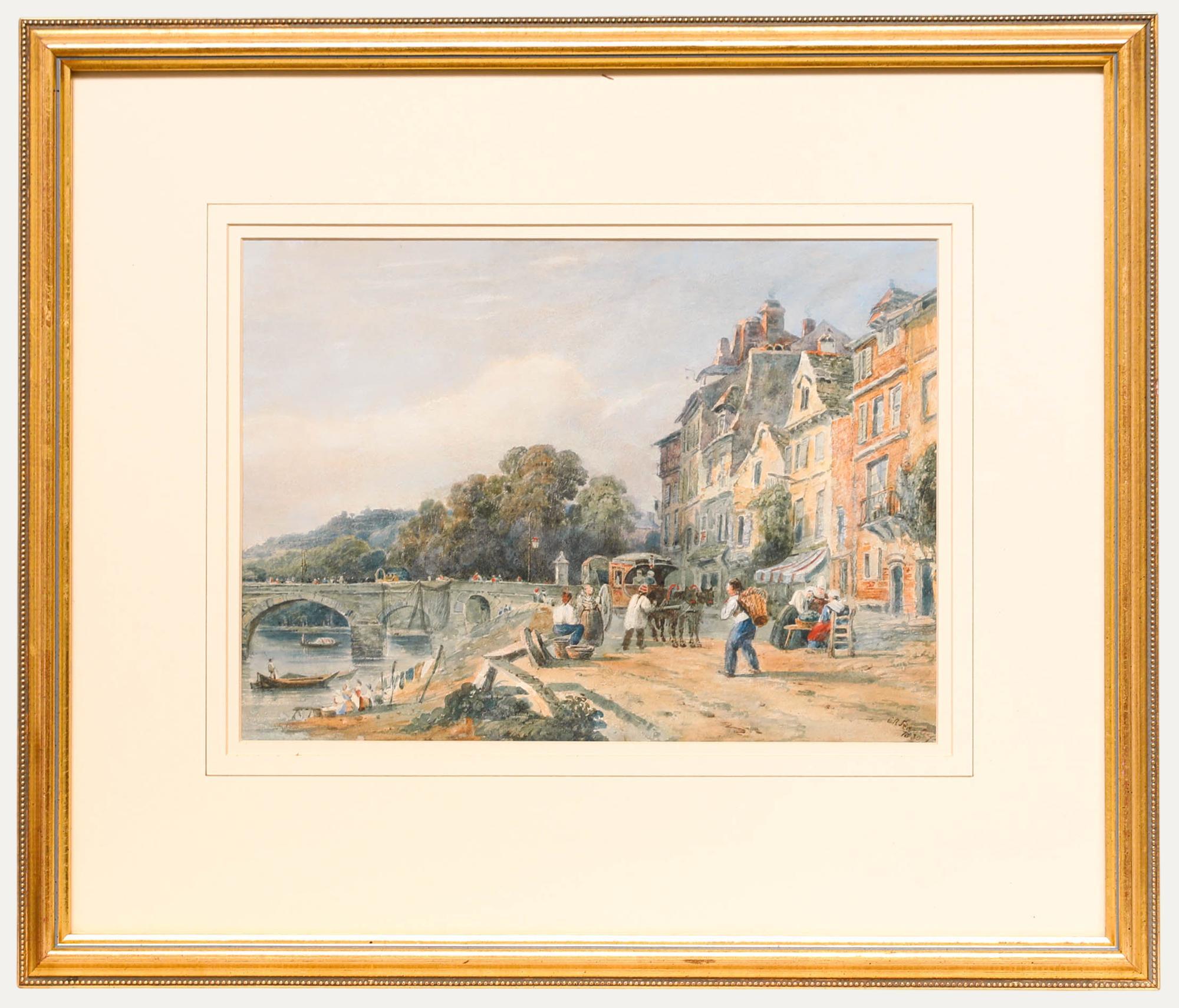 Caleb Robert Stanley captures a quaint continental town by a river in this finely detailed watercolour. Signed and dated to the lower right. Well presented in a gilt-effect frame with a beaded running pattern and a wash-line mount. On watercolour