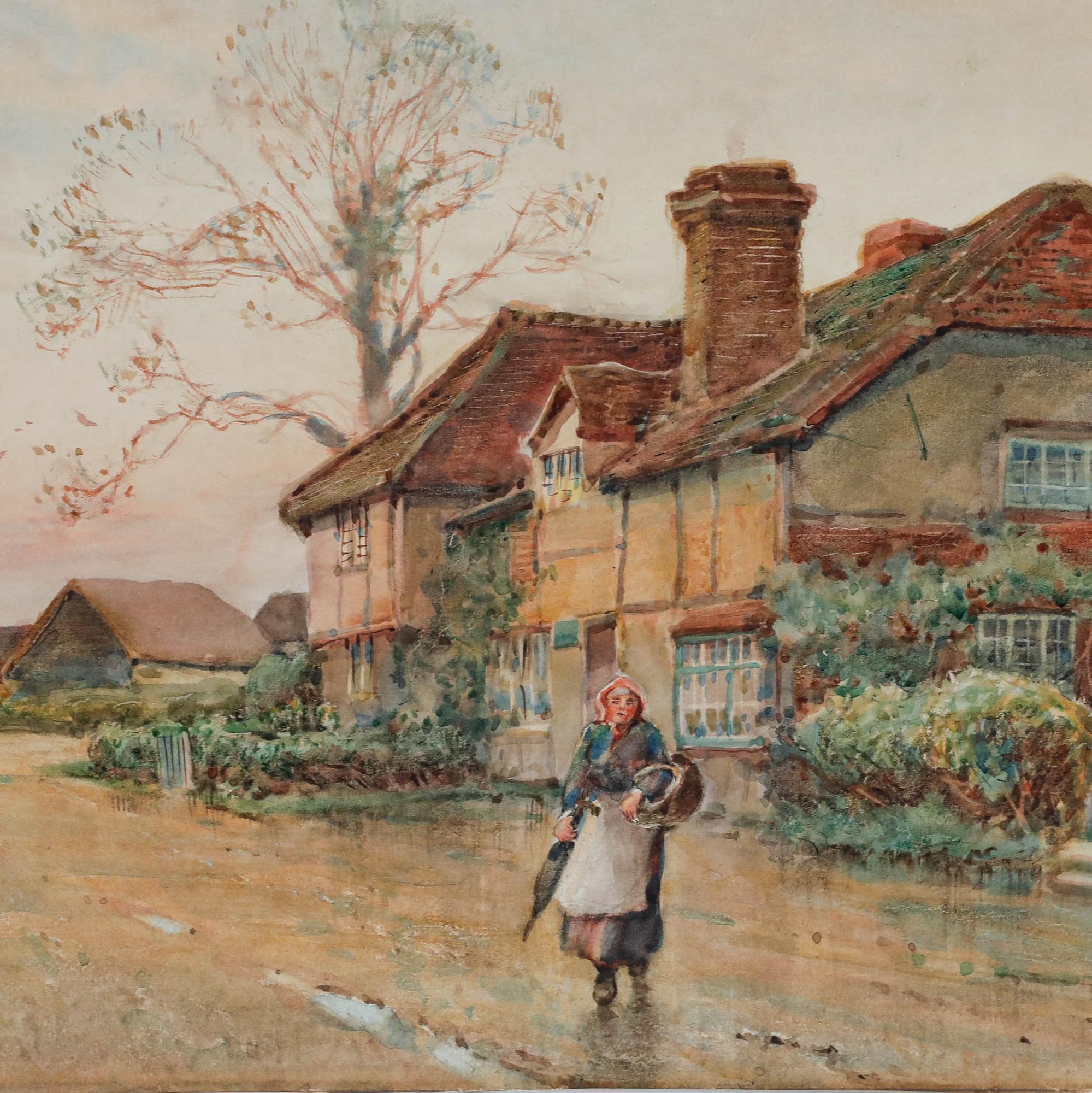 E. Cooper  - Early 20th Century Watercolour, Village at Dusk - Brown Landscape Art by Unknown