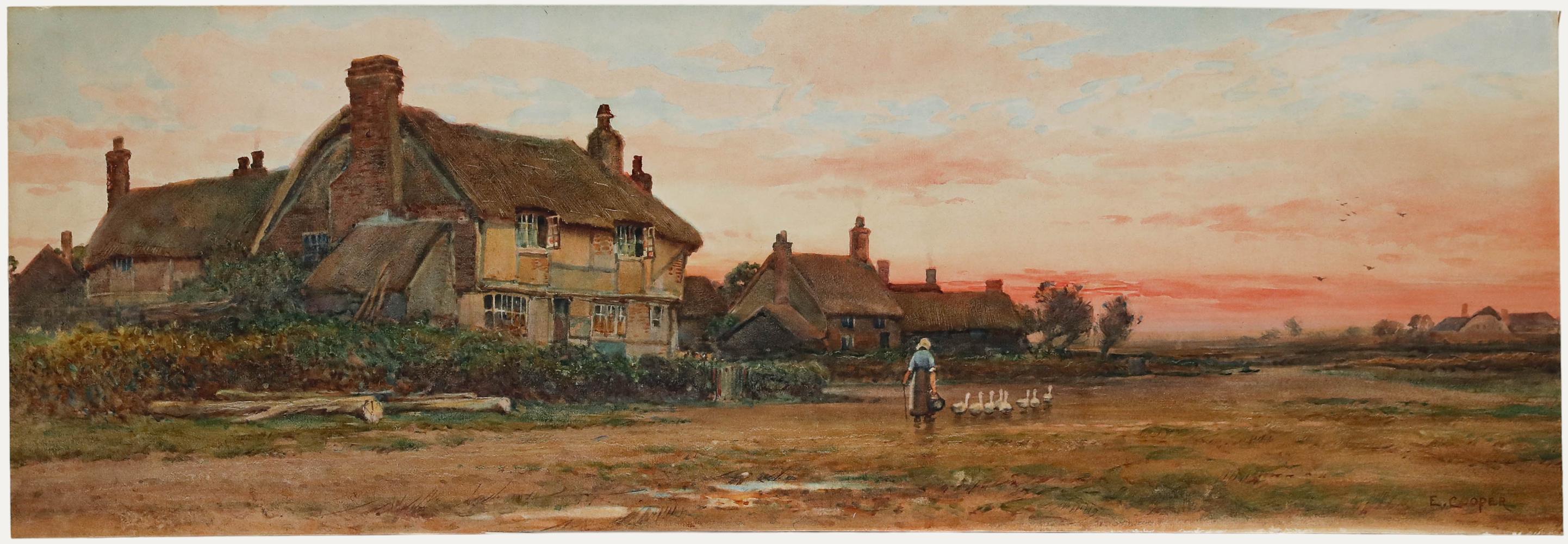 Unknown Landscape Art - E. Cooper  - Early 20th Century Watercolour, Goose Girl at Sunset