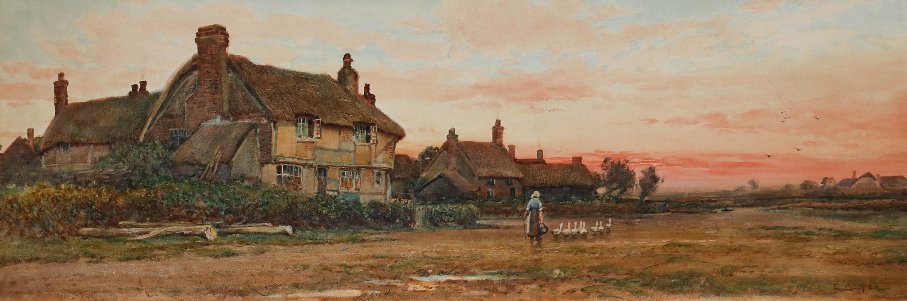 E. Cooper  - Early 20th Century Watercolour, Goose Girl at Sunset - Art by Unknown