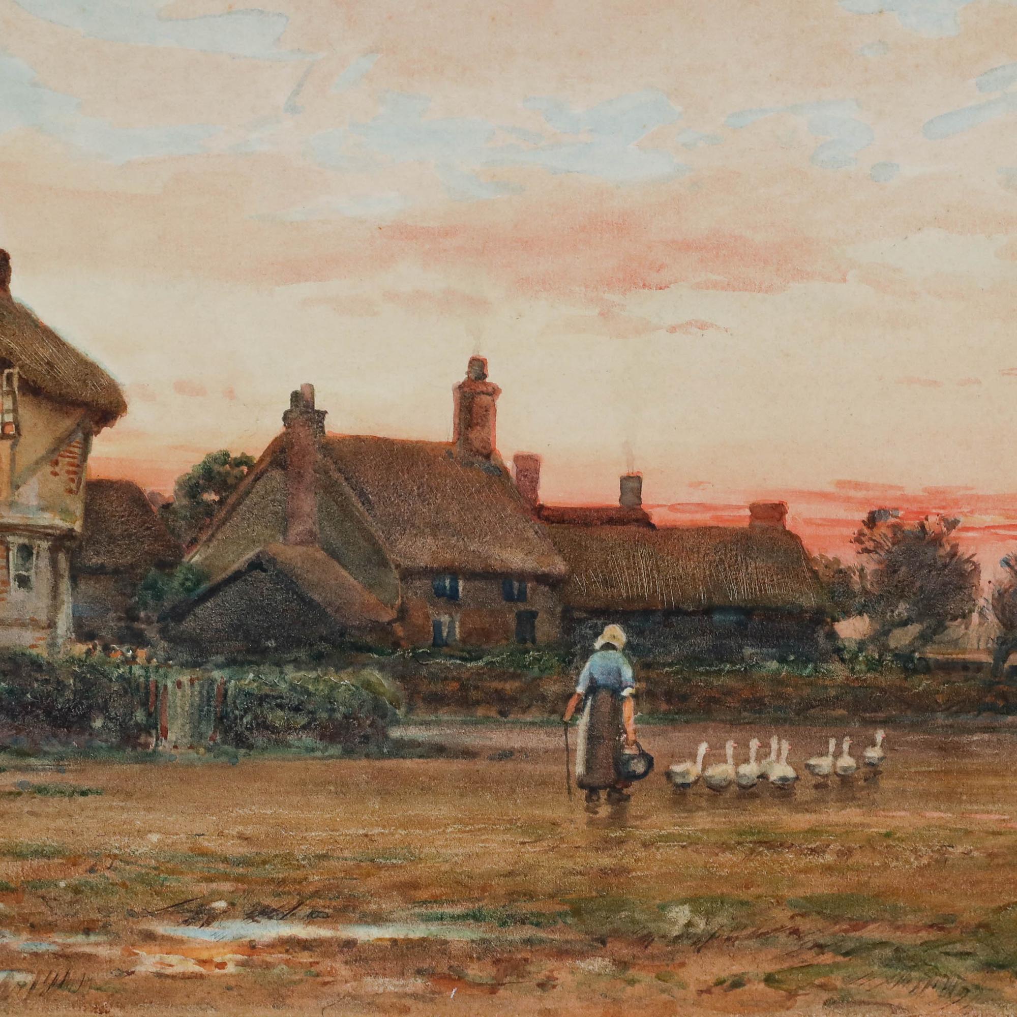 E. Cooper  - Early 20th Century Watercolour, Goose Girl at Sunset - Brown Landscape Art by Unknown