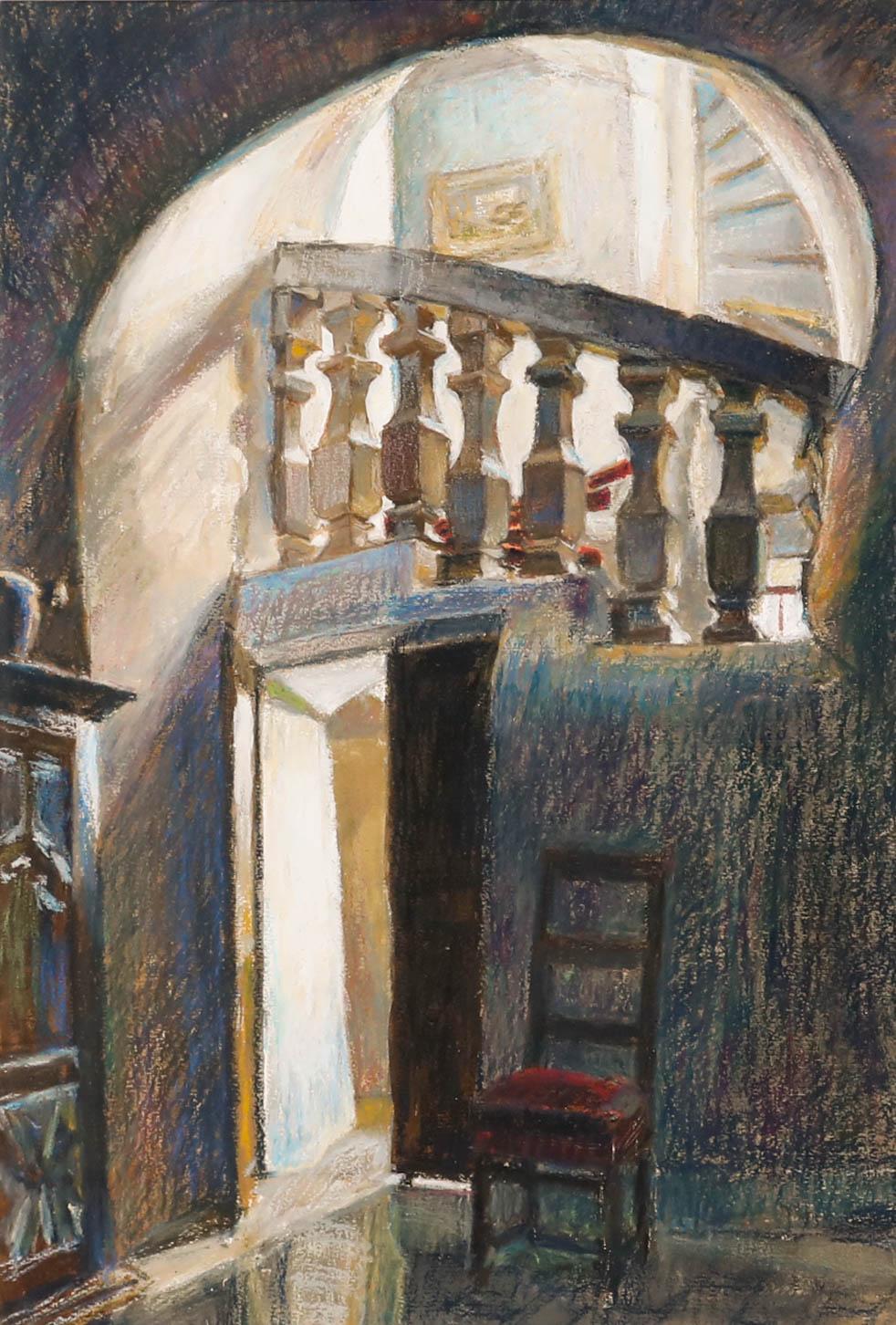 Pauline Plummer (nata nel 1933) - Pastello contemporaneo incorniciato, Scalinata del castello in vendita 1