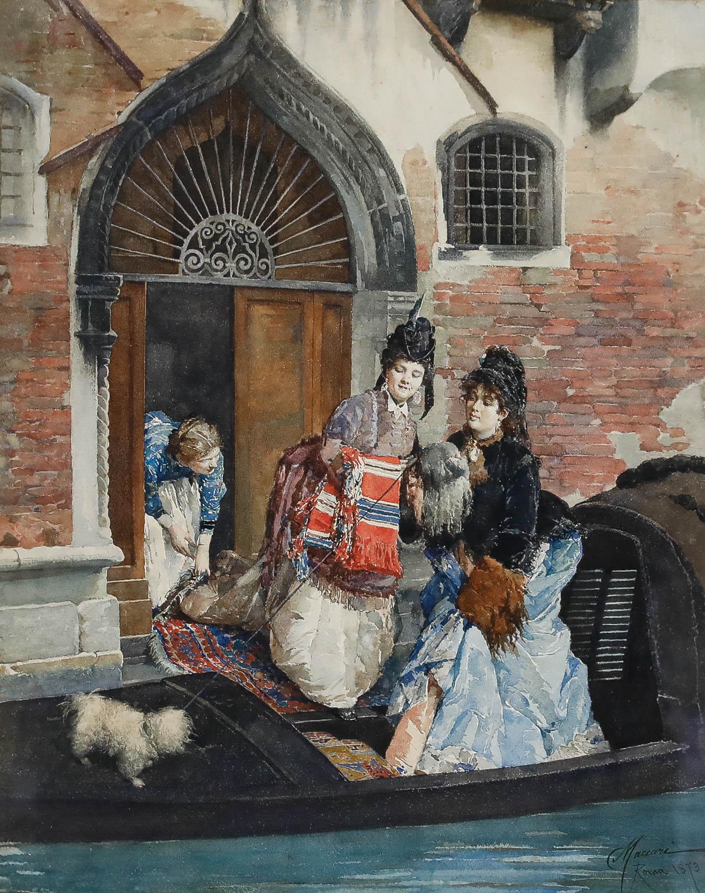 Cesare Maccari (1840-1919) - Schönes Aquarell von 1873, Einsteigen in die Gondel im Angebot 1