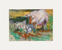 Pauline Plummer (n.1933) - Pastel del siglo XX enmarcado, Cerda con lechones