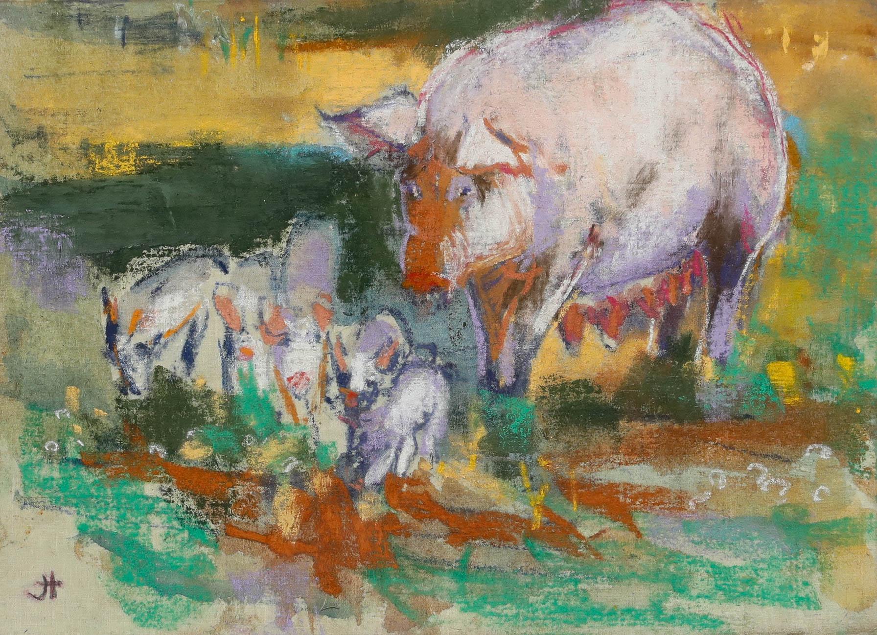 Pauline Plummer (n.1933) - Pastel del siglo XX enmarcado, Cerda con lechones en venta 1