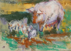 Pauline Plummer (née en 1933) - Pastel encadré du XXe siècle, Truie avec porcelets