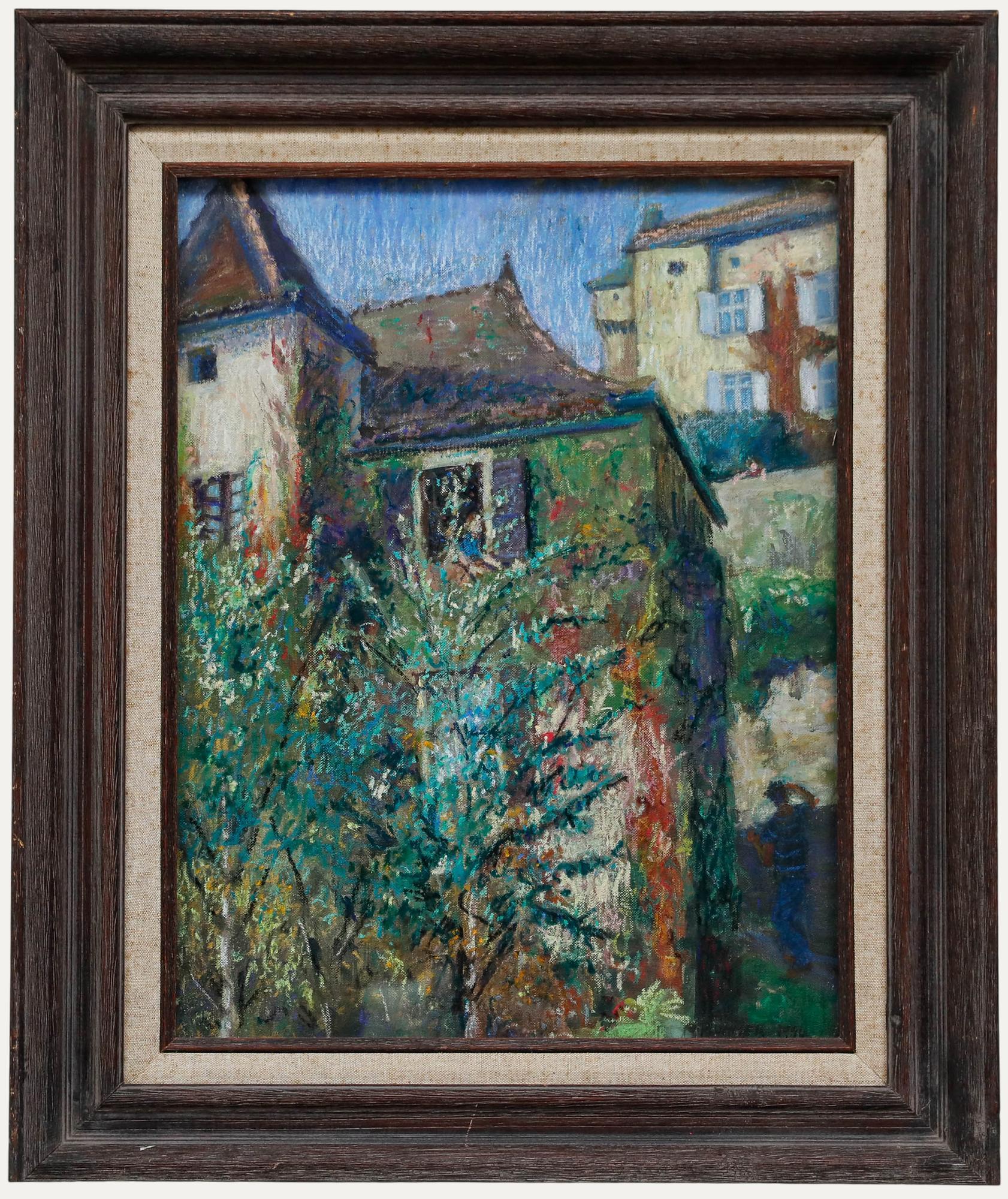 Esta vibrante pintura representa los tejados de un encantador pueblo francés a pleno sol. Firmado y fechado. Presentado en un marco de madera con un engobe de algodón. A bordo.