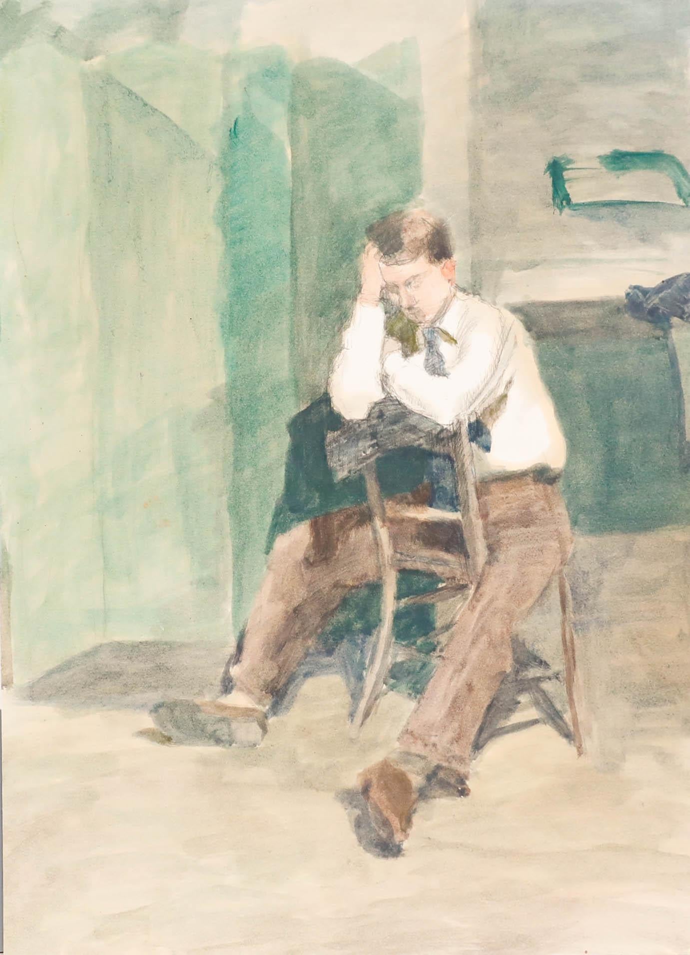 Pauline Plummer (geb. 1933) - 20. Jahrhundert Aquarell, Sitzender Junge im Angebot 1