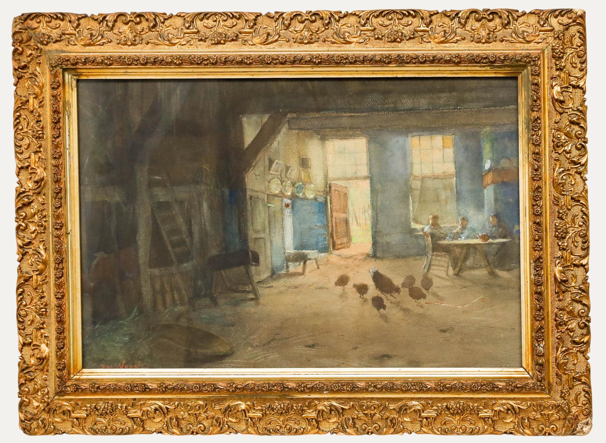 Interior Art di Weijns, Jan Harm - Jan Harm Weijns (1864-1945) - Acquerello incorniciato, Pausa tè nel fienile