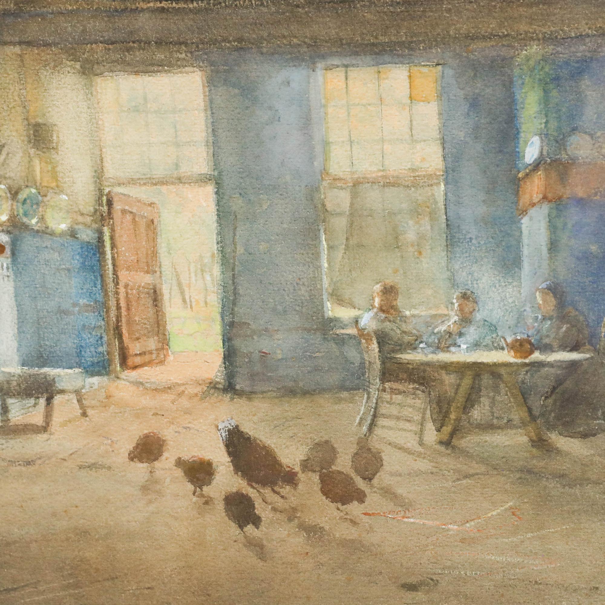 Questo suggestivo acquerello cattura l'interno rustico di un fienile, con una luce morbida che filtra dalle finestre e illumina un piccolo gruppo di galline che beccano il pavimento di terra. Sullo sfondo si vedono delle figure sedute intorno a un