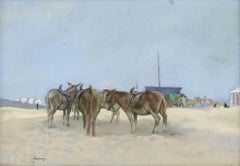 J. Harvey - Mid 20th Century Pastel, Donkeys at the Beach