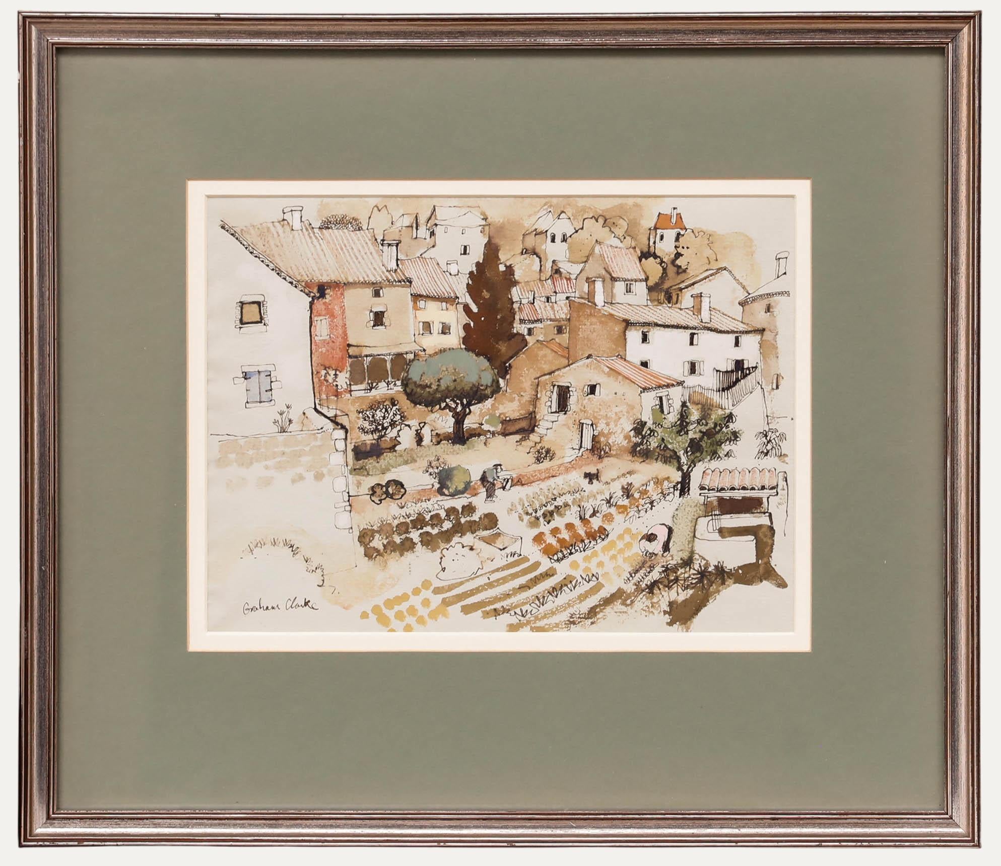 Une charmante gouache de l'artiste bien connu Graham Clarke (né en 1941) représentant une vue de jardins automnaux dans le sud-est de la France. Signé en bas à gauche. Présenté dans un cadre en argent doré. Sur le papier.