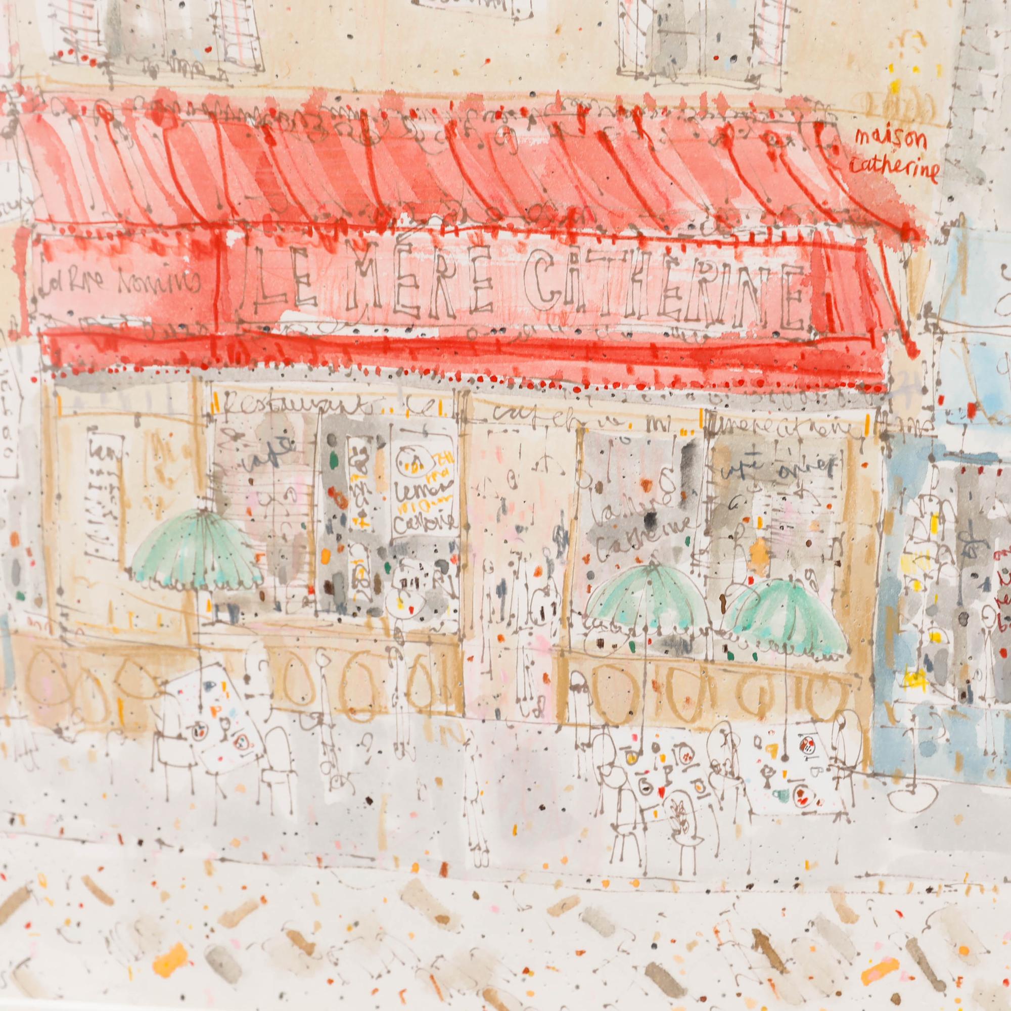 Maison Catherine, Paris. Illustration originale à l'aquarelle et à la plume. Signé au crayon. Bien présenté dans un cadre contemporain en chêne, avec l'étiquette de l'artiste au verso. Sur le papier. 